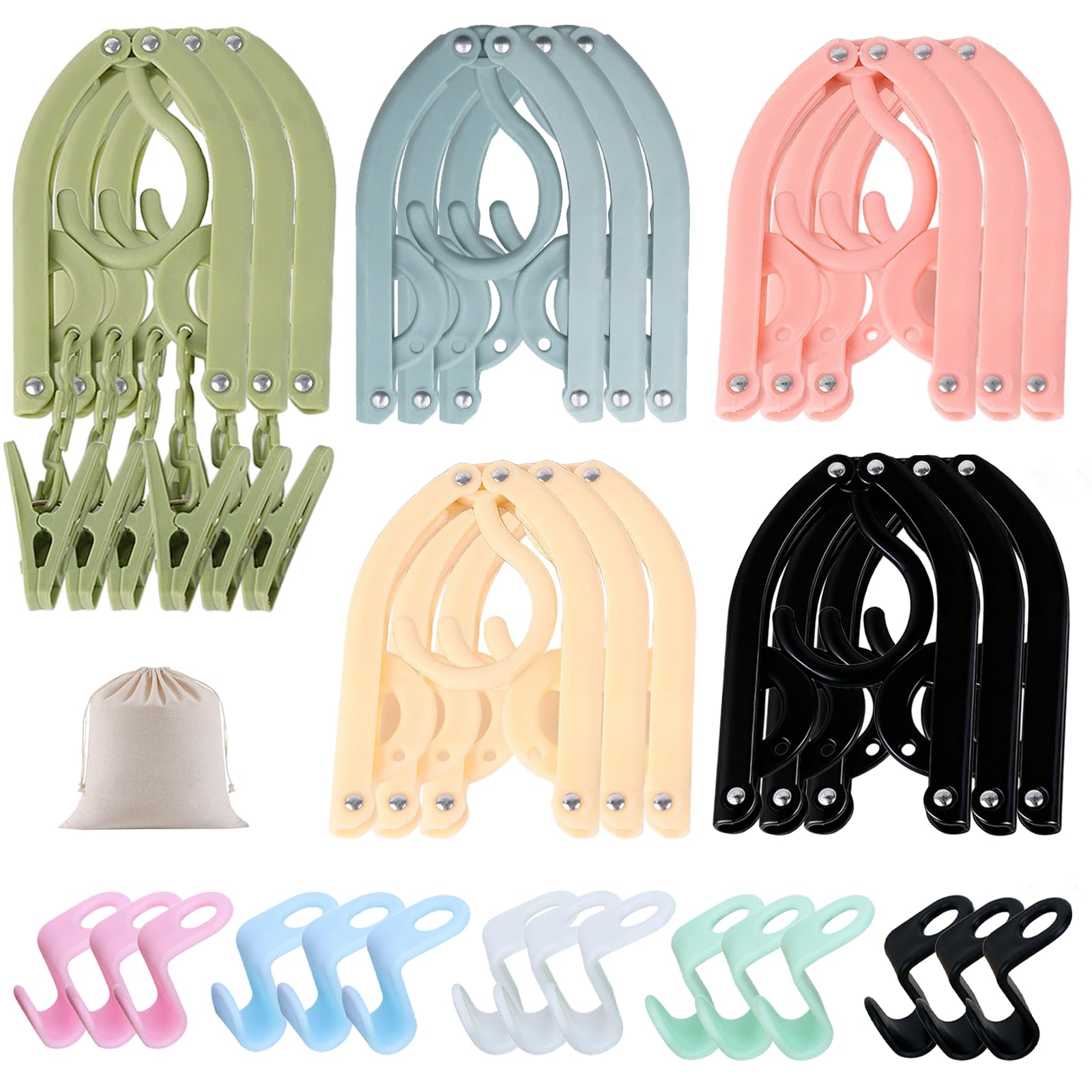 31PCS Folding Clothes Hangers,15PCS Travel Coat Hangers Portable Foldable, Plastic Clothes Coats Hotel Camping Holiday Travel Comes with 15 hooks and a storage bag for Home,Hotel,Camping
