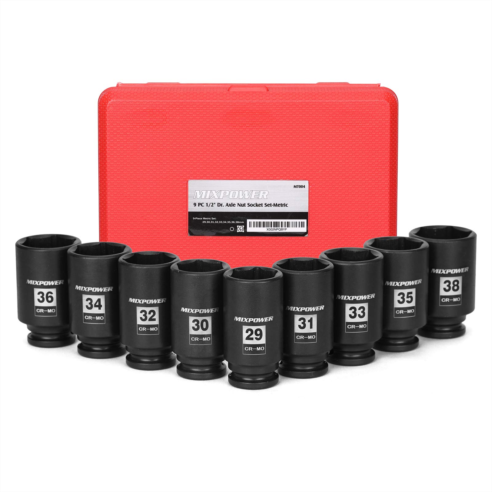 MIXPOWER Set di bussole a impatto profondo da 1/2", 6 punti, CR-MO, metriche, 29 mm-38 mm, 9 pezzi 1/2" Dr. Deep Spindle Axle Nut Impact Socket Set