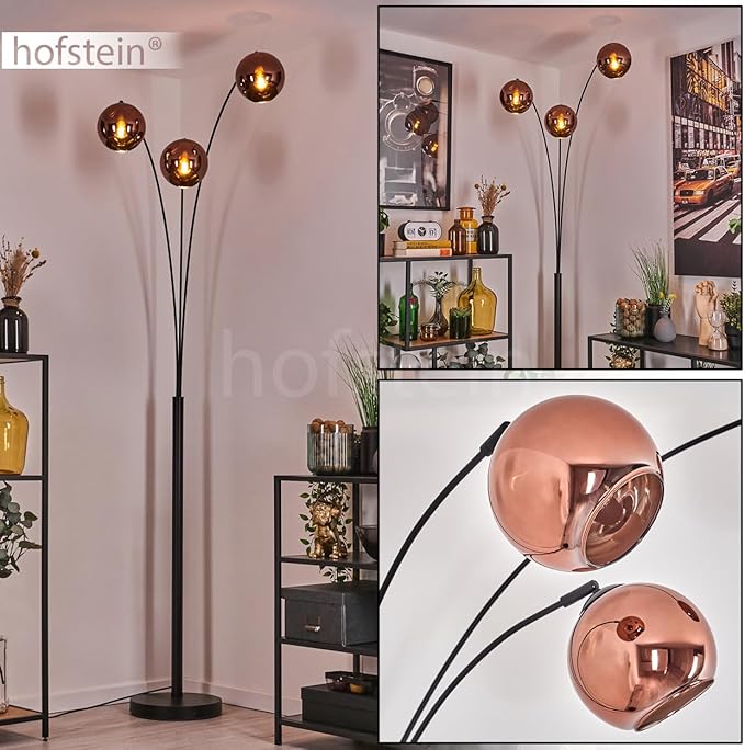 hofstein Koyoto vloerlamp, vloerlamp van metaal/glas in de kleuren zwart/koper, armatuur in modern retro/vintage design met glazen kap (Ø 15 cm) en voetschakelaar, hoogte 210 cm, 3 x E14, zonder gloeilampen photo 2