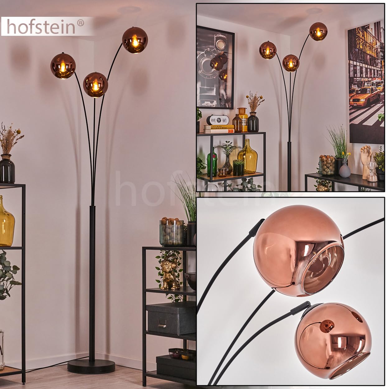 Stehleuchte Koyoto, Stehlampe aus Metall/Glas in Schwarz/Kupferfarben, Leuchte im modernen Retro/Vintage-Design mit Schirmen aus Glas (Ø 15 cm) u. Fußschalter, Höhe 210 cm, 3 x E14, ohne Leuchtmittel