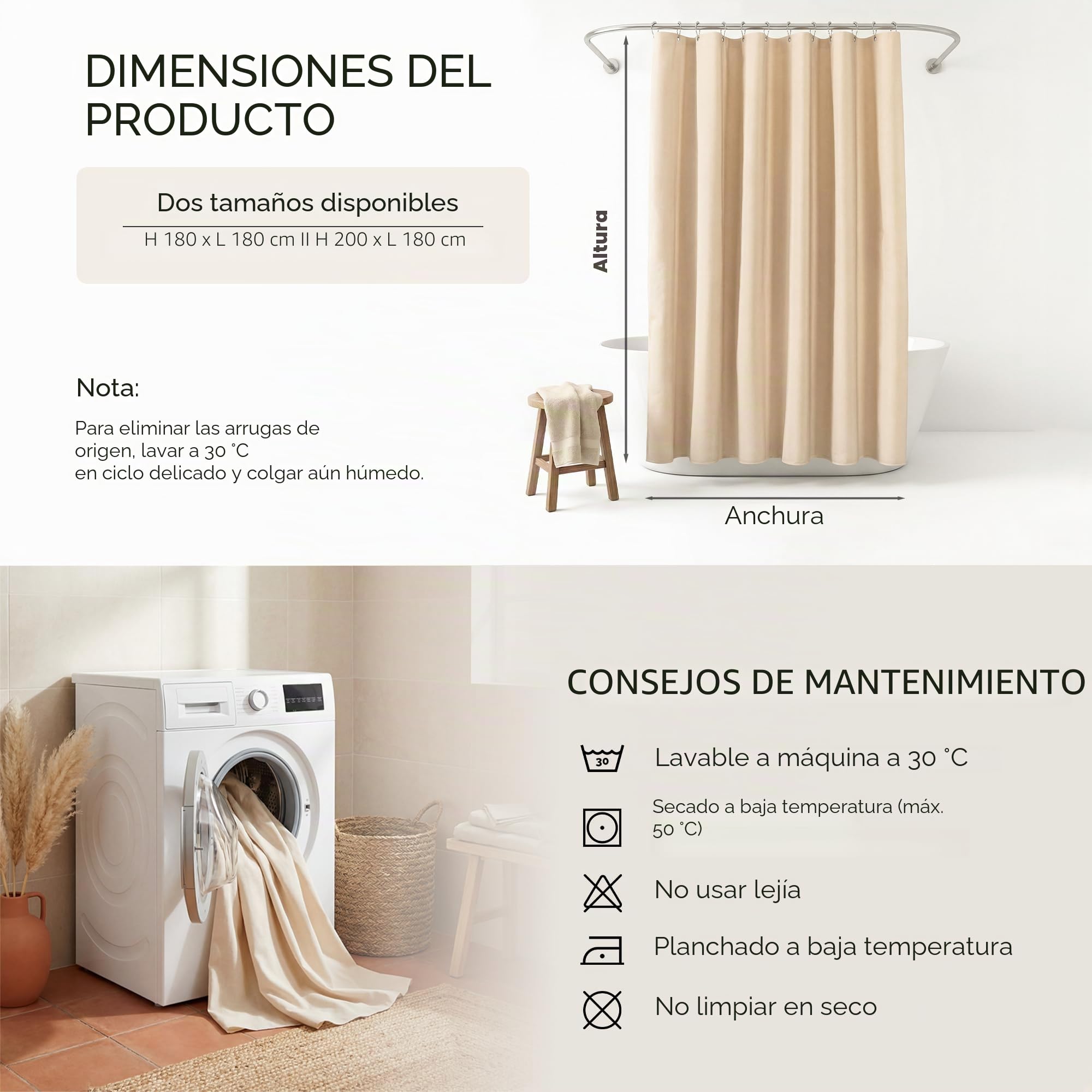 Cortina de ducha de textura de lino de alta calidad, 180 x 180 cm, impermeable y antimoho, lavable, dobladillo con pesos, con ojales, color beige