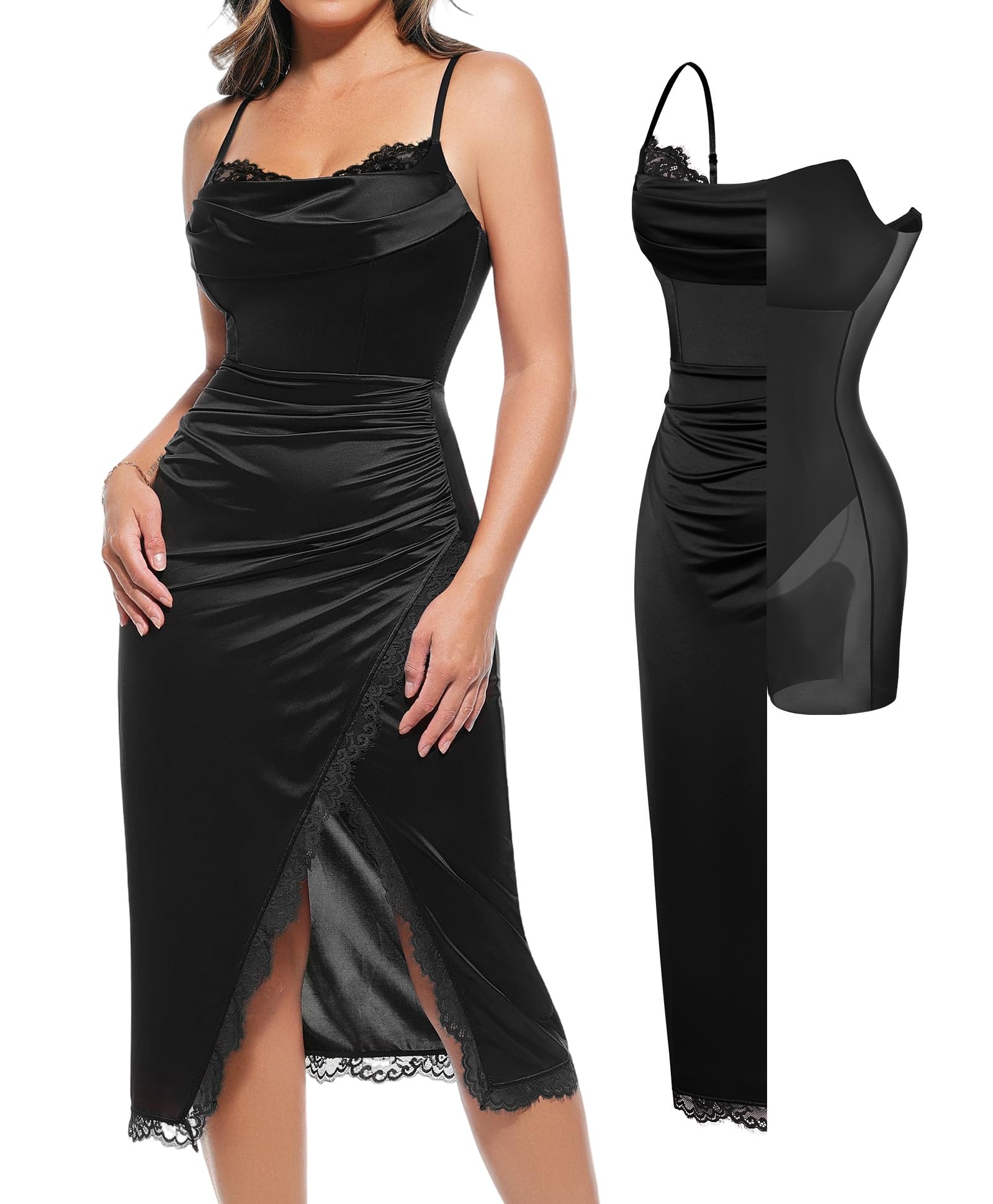 Popilush Shapewear Corset Dress Womens Satin Ruched Midi Dress Cocktail Date Night Classy Dresses with Lace Trim Bra