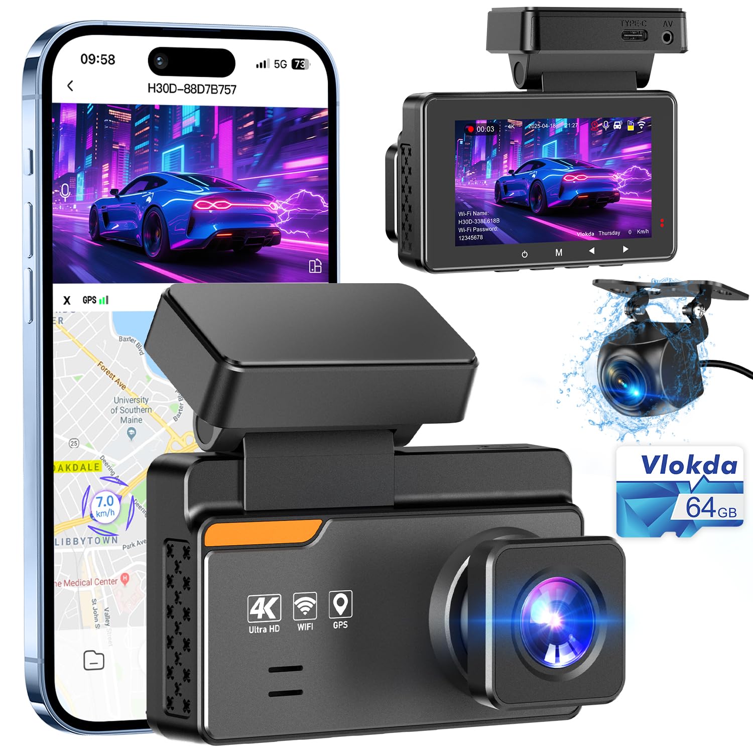 Dash Cam Front and Rear, 4K/2K Dashcams for Cars, Camera for Car with Free 64GB Card, Built-in WiFi GPS, ADAS, Night Vision, Loop Recording, Emergency Lock, 170°Wide Angle, 24H Parking Mode