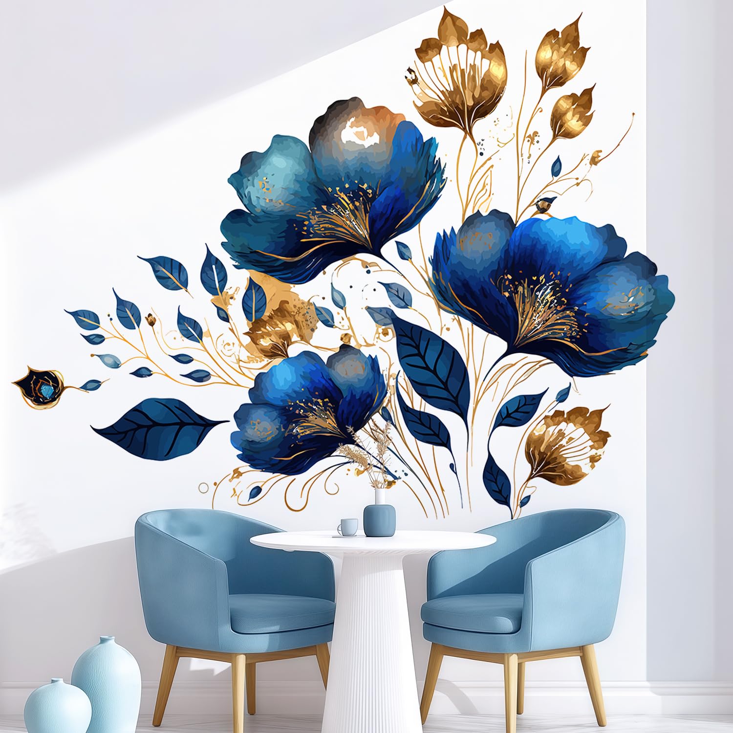 VePret Large Blue Gold Flowers Wall Decals Peel and Stick, Luxurious Floral Wall Stickers, Removable Vinyl Home Decor Art for Bedroom Living Room