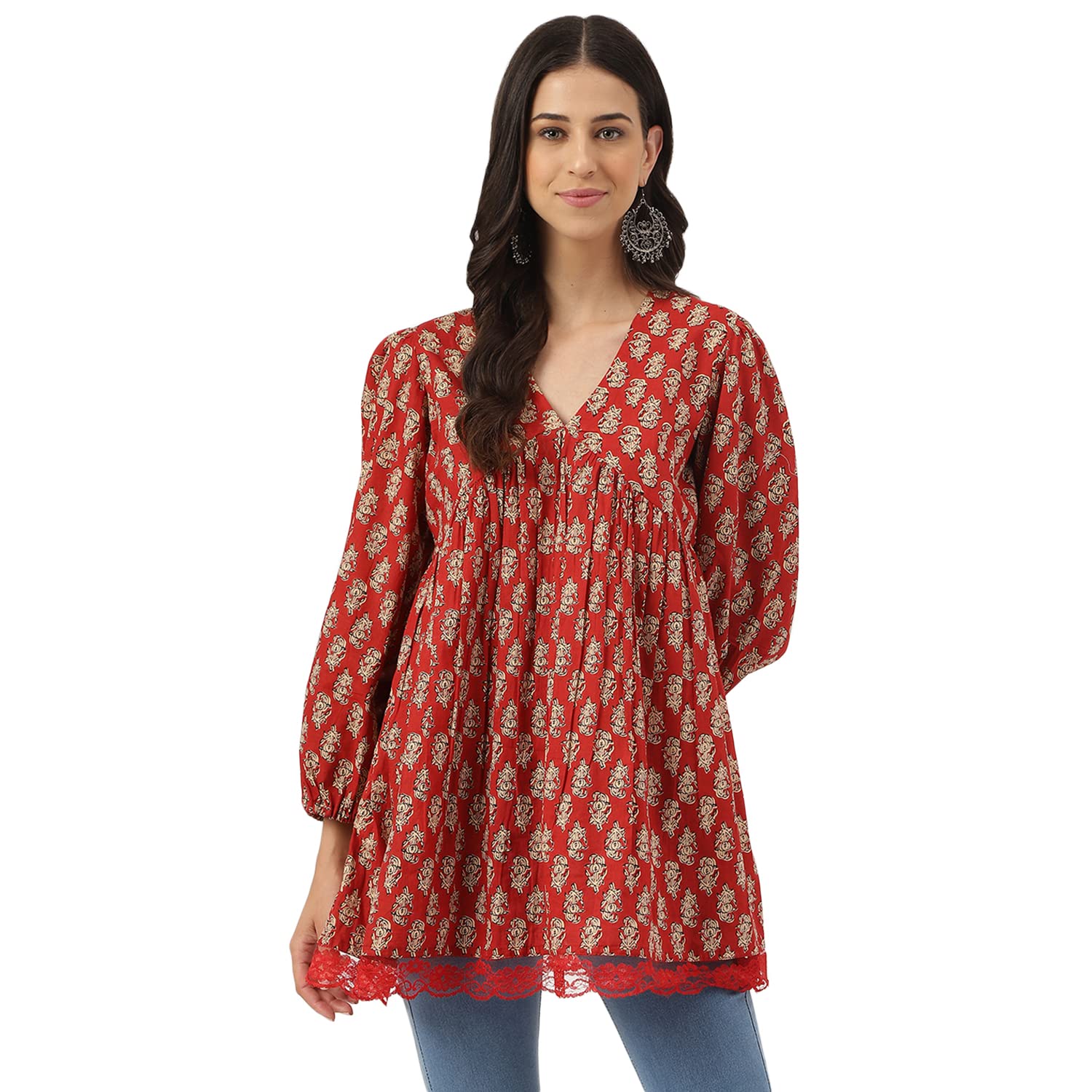divena Red Floral Cotton Pemplum Style Top-picture-12