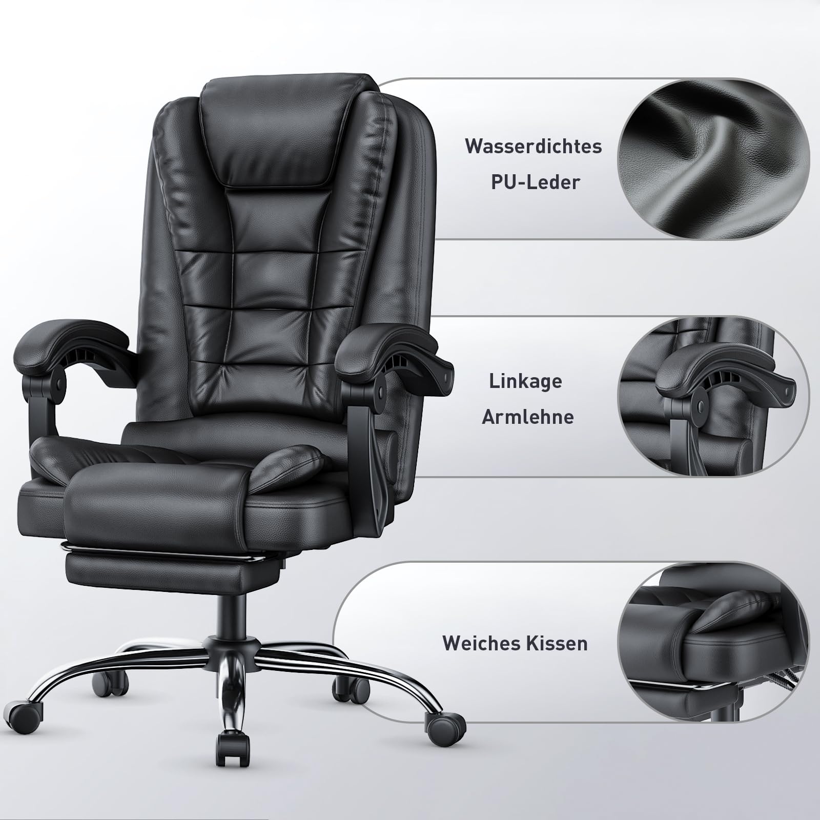 rattantree Bürostuhl Mit Fußstütze, Schreibtischstuhl Ergonomisch, PU Leder Computerstuhl mit Gepolsterter Armlehne und Weiche Kopfstütze, Neigungsfunktion, Höhenverstellbar, Chefsessel, Schwarz