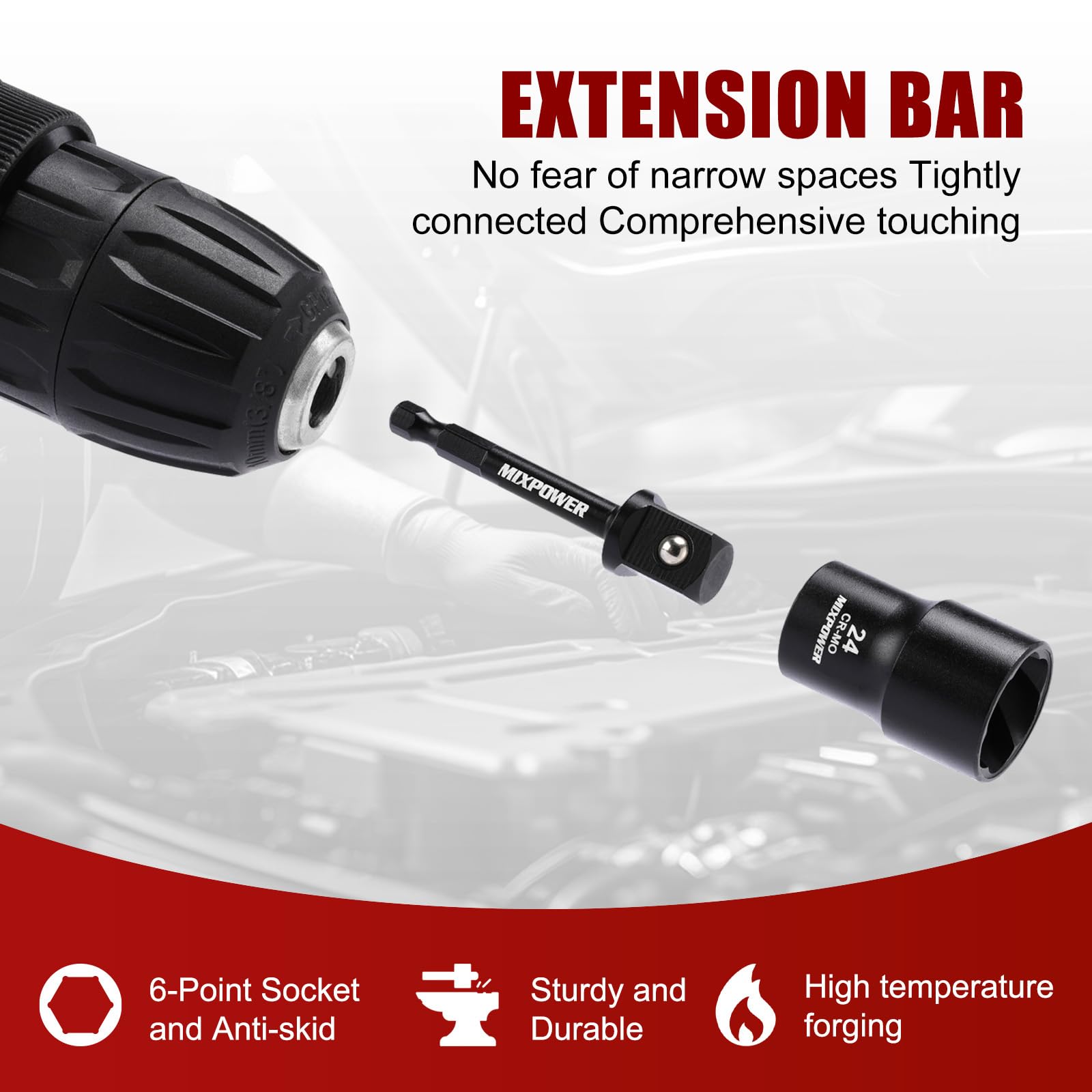 MIXPOWER 16 pezzi 1/2 pollici Drive Impact Bolt and Nut Extractor Socket Set, Stripped Lug Nut Remover Include Hex Shank Adapter & Pin Bar, per Removing Damaged Rusted Broken Rounded Fasteners Off