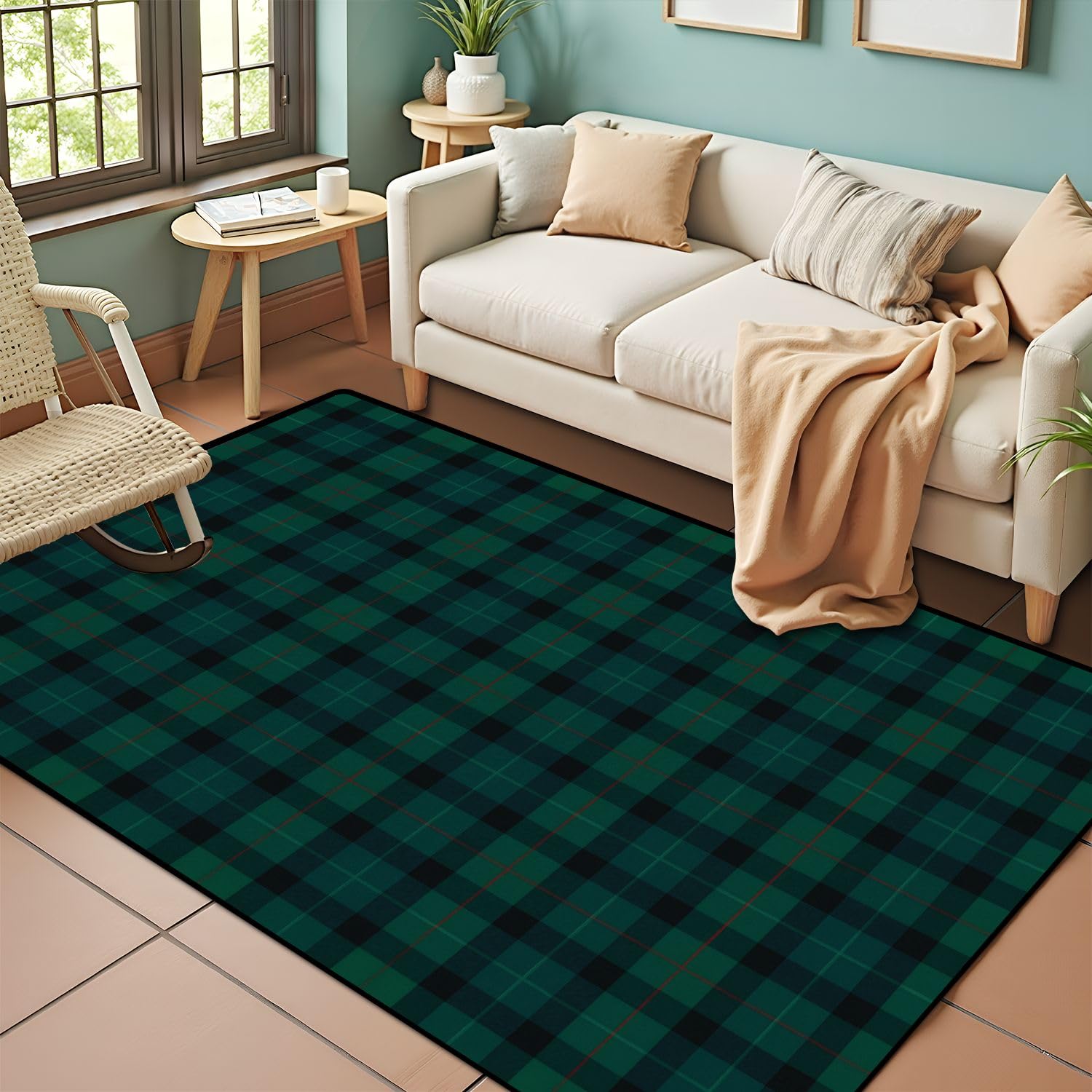 PeeNoke Tartan Seamless Blue Black Green Red Gold Plaid Area Rug Outdoor Patio Rug Play Mat Modern Floor Carpet Non-Slip Home Decor Living Room Kids