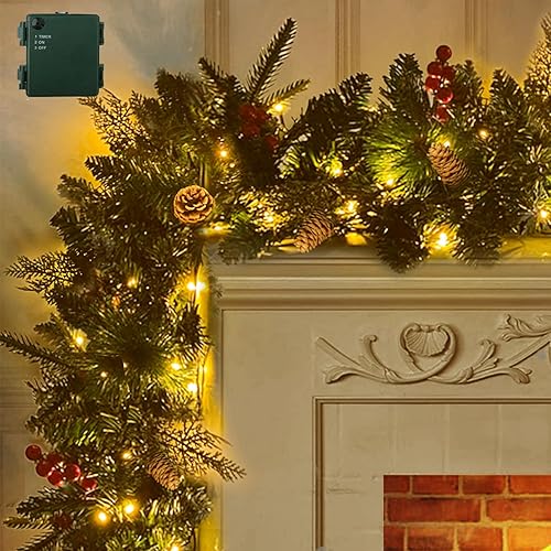 Decoración navideña preiluminada de 9 pies con 100 luces  Guirnalda iluminada al aire libre para manto, escaleras, barandilla, árbol, chimenea