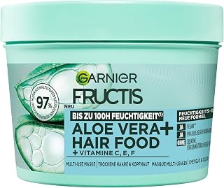 Garnier Fructis Aloe Vera + Haarmaske, Leave-In Haarkur für normales bis trockenes Haar & Kopfhaut, Mehr Geschmeidigkeit und Glanz, Intensive Feuchtigkeit, Ohne Silikone, Vegan, Hairfood, 3in1, 400ml