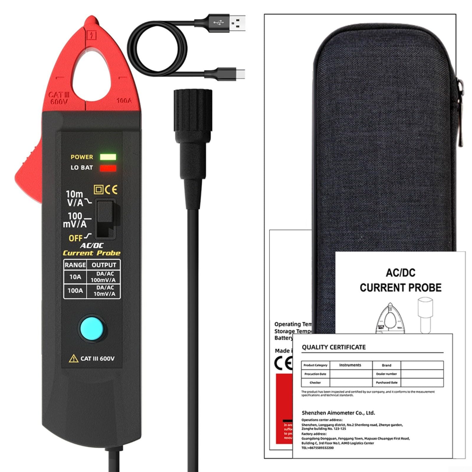 Snowchecking UP1 Smart Clamp Meter, AC/DC Current Probe 100A with BNC Interface, Dual Range 10mV/A & 100mV/A, Type-C Rechargeable for Electrician Repair