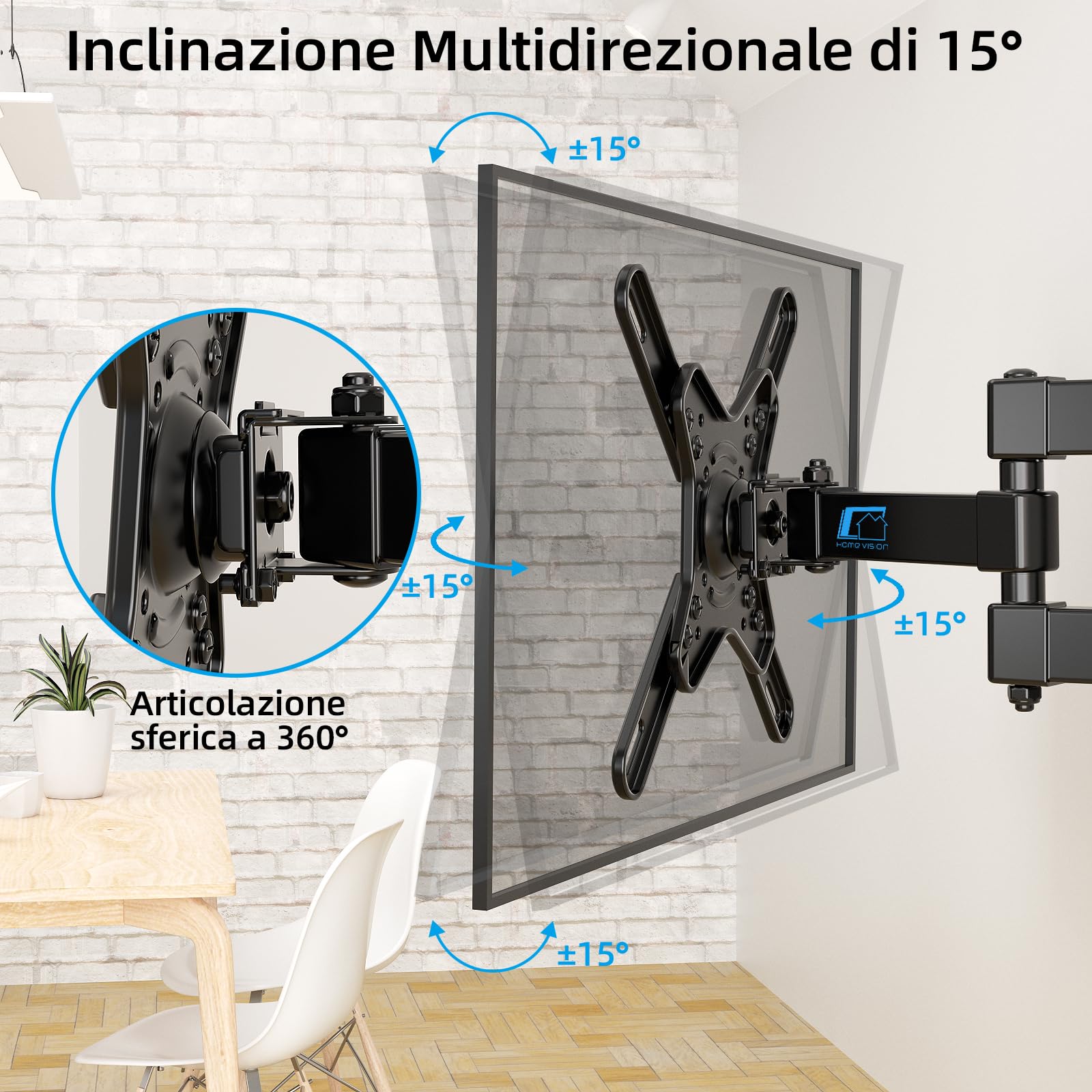 HOME VISION Supporto Tv Parete Orientabile Da 17-42 Pollici, Monitor Tv, Staffa Di Rotazione Per L'Estensione Del Supporto Da Parete Fino A 20 Kg Max Vesa 200x200 Mm Per Echo Show 15 Alexa