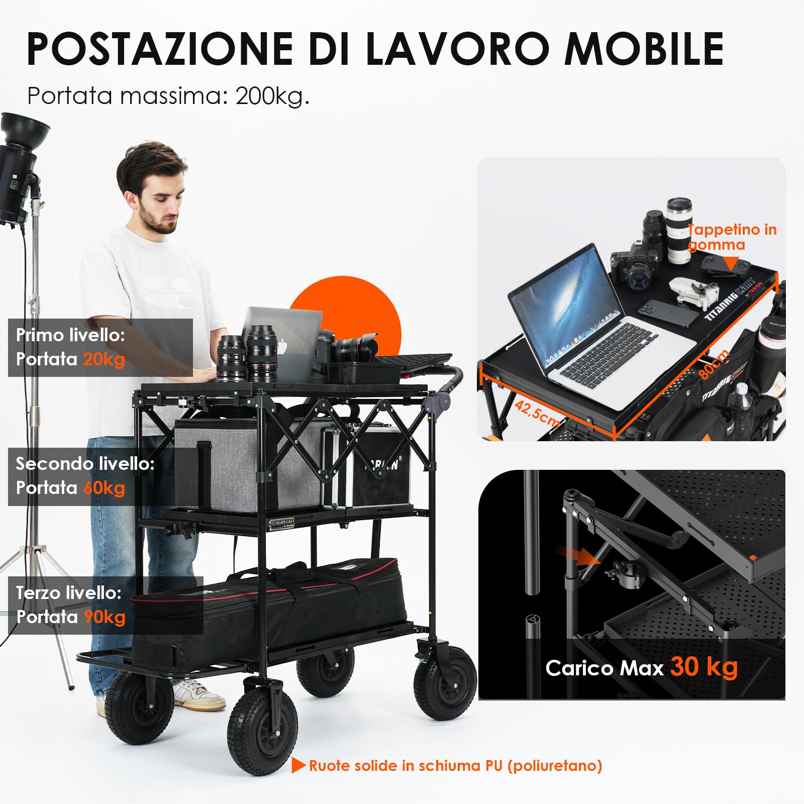 TARION Carrello Fotografico Pieghevole con Ruote Titanrig Cart | Trolley Leggero Compatto con Piastra Estensibile, Manico Regolabile e Borsa, Facile da Montare per Riprese Outdoor