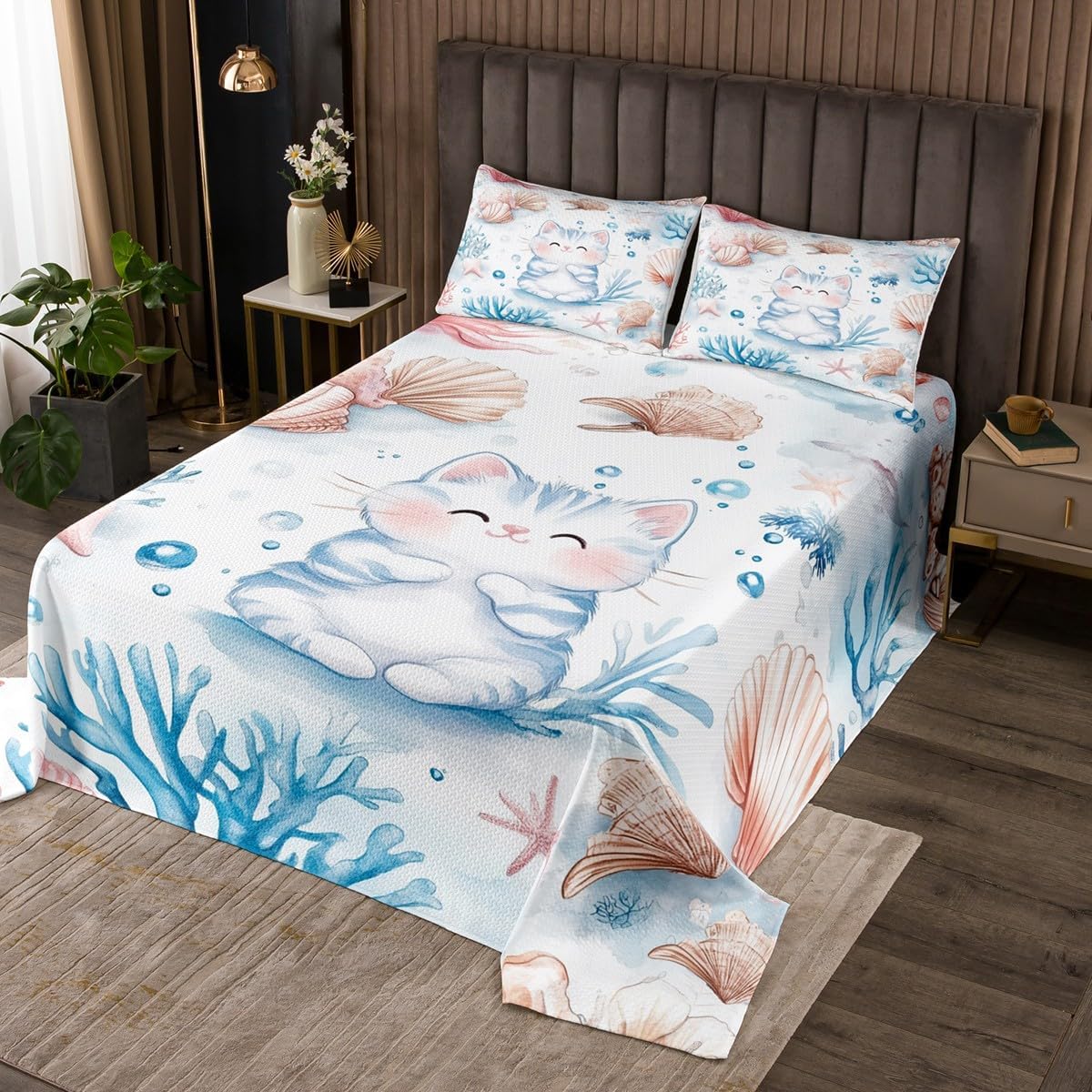 Homewish Cartoon Cat Bedding Set Full Size,Starfish Coral Shellfish Bedspread for Kids Girls Boys Room Decor,Polka Dot Underwater Animal Plant Quilt 3Pcs,Kawaii Cat Boho Coverlet Set,2 Pillowcases