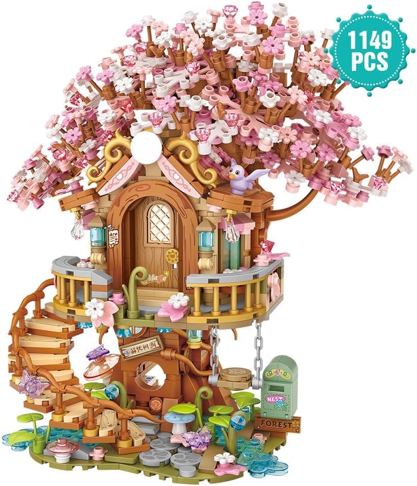 Image of SKY LINE OCEAN Japanese Cherry Blossom Tree House Building Set, 1149+ Mini Blocks, DIY Pink Sakura House Kit with Pond & Swing, Creative Gift for Girls & Kids Ages 14+ | 5 Year Structural Warranty