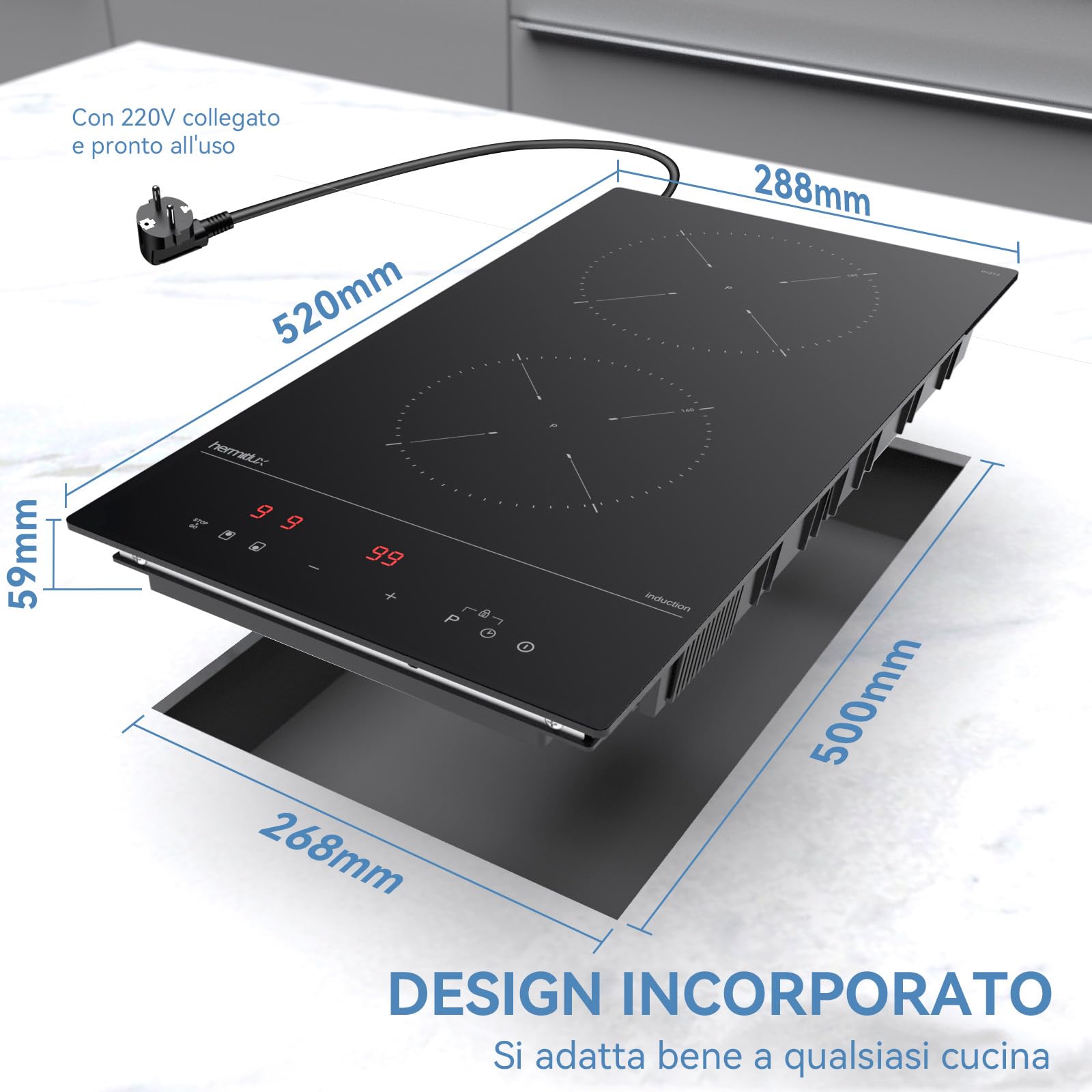 Hermitlux Piano cottura a induzione Domino da incasso 2 zone, 30 cm 3500 W, Vetroceramica nera, 9 livelli + Boost, Touch control, Blocco bambini, Compatto facile da installare