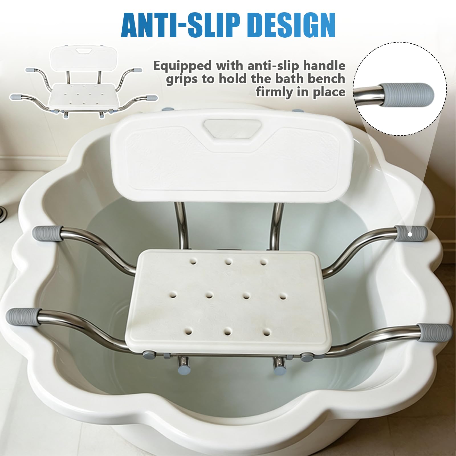 Asiento Bañera Adulto, Silla de Ducha con Respaldo Ajustable Mayores | Taburete Baño Antideslizante Con pasamanos 76-86 cm Regulable Soporta 150 kg Acero Inoxidable