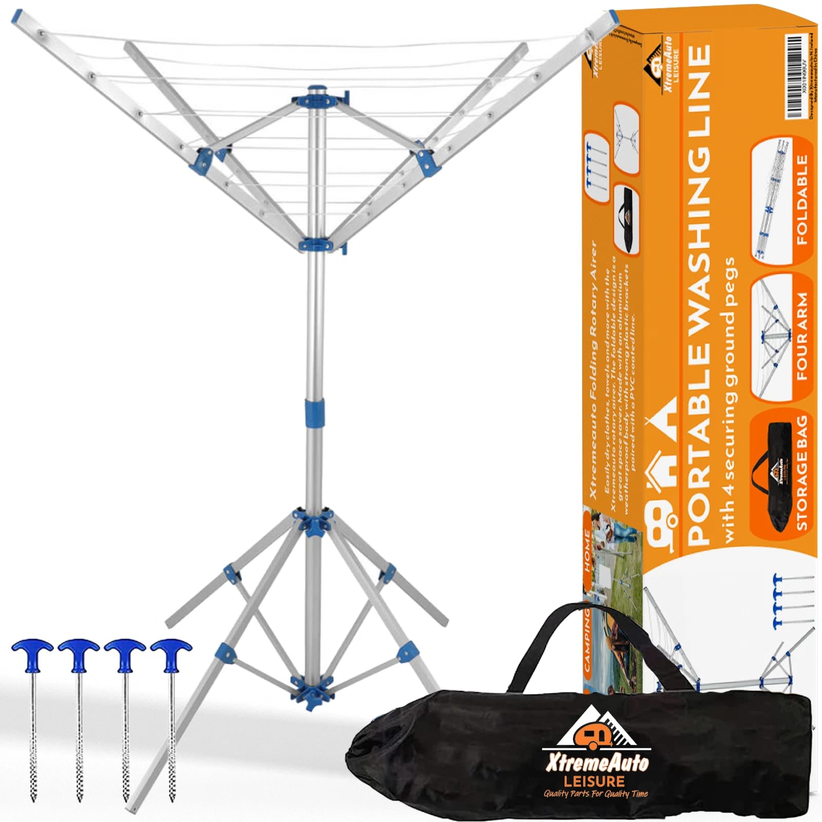 Xtremeauto Aluminium Rotary Washing Line Airers, Clothes Airer Outdoor, Portable, Foldable & Freestanding 4 Arm For Indoor & Outdoor Dryer Caravan, Silver