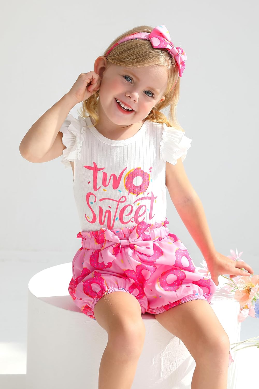 Happy Town Toddler Baby Girl Two Sweet 2nd Birthday Outfits Shorts Set Bowknot 2T Shirts Summer Clothes with Headband - Image 2