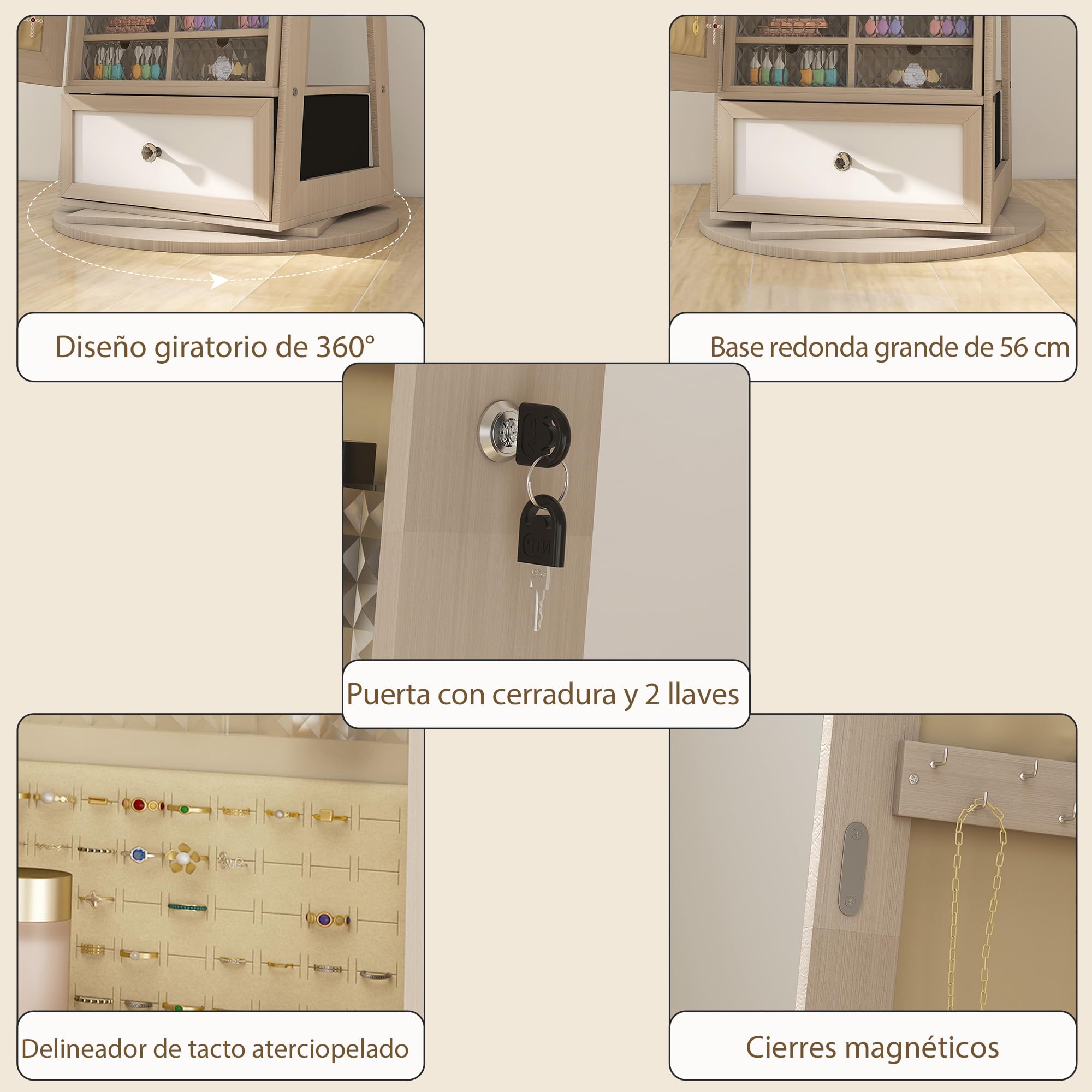 HOMCOM Miroir à bijoux avec éclairage LED, armoire à bijoux, armoire à bijoux avec miroir intégral, pivotant à 360°, tiroir, serrure, étagères ouvertes, support pour sèche-cheveux, naturel