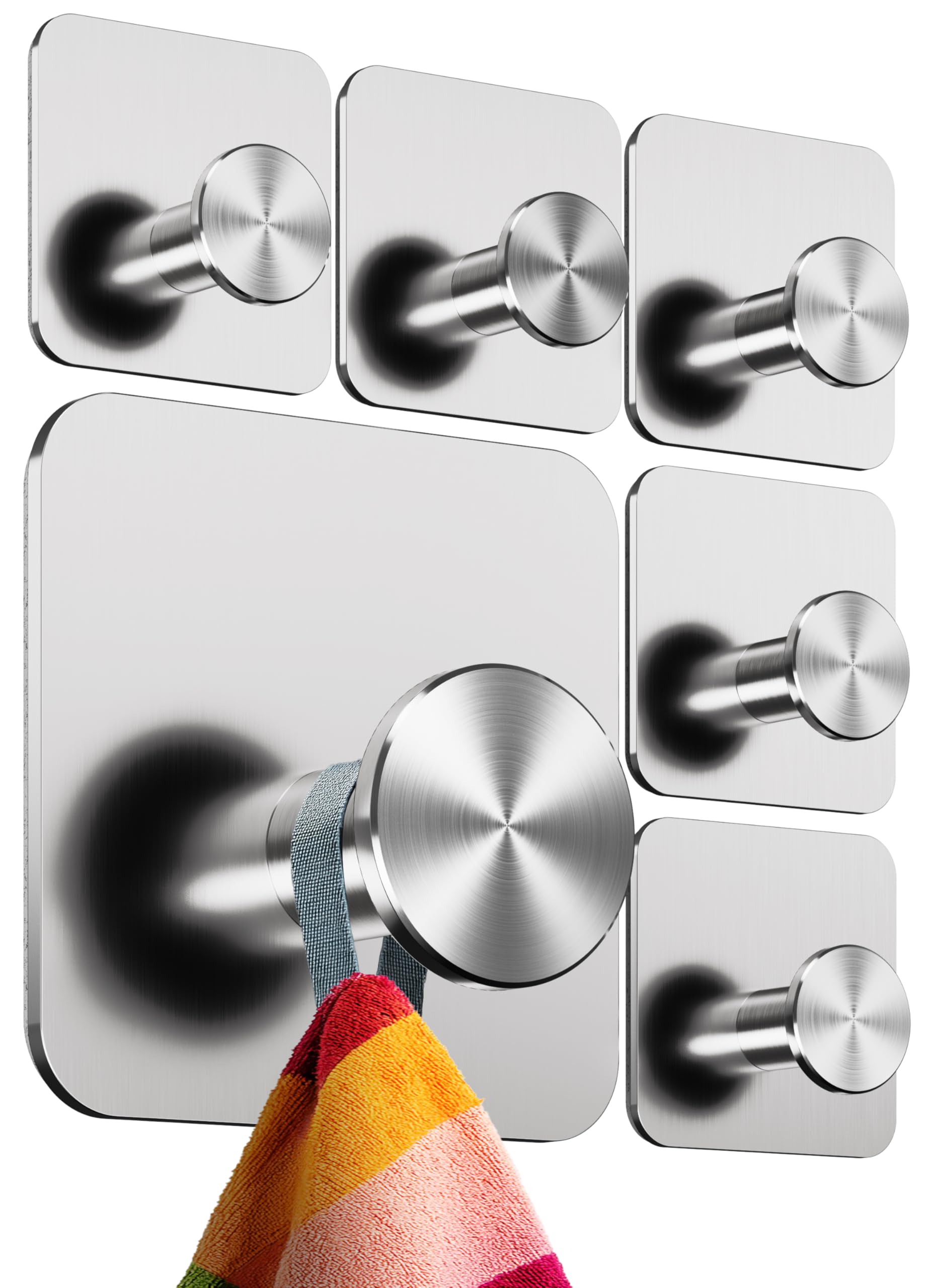 4smile Handtuchhalter ohne Bohren, 6er Set, Silber - Badezimmer Handtuchhalter aus Edelstahl, moderne Klebehaken, hohe Tragkraft