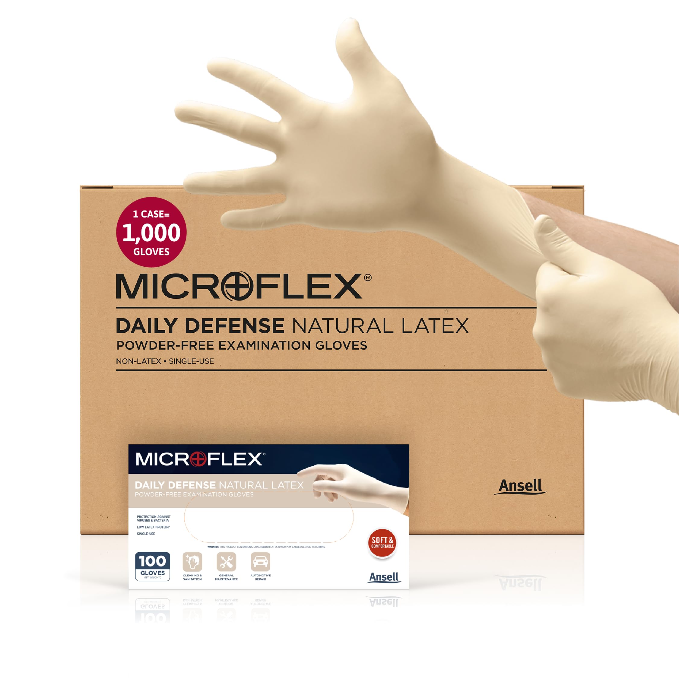Microflex 10-754 Daily Defense Disposable Latex Gloves for Cleaning, Food Prep w/Textured Fingertips - Natural