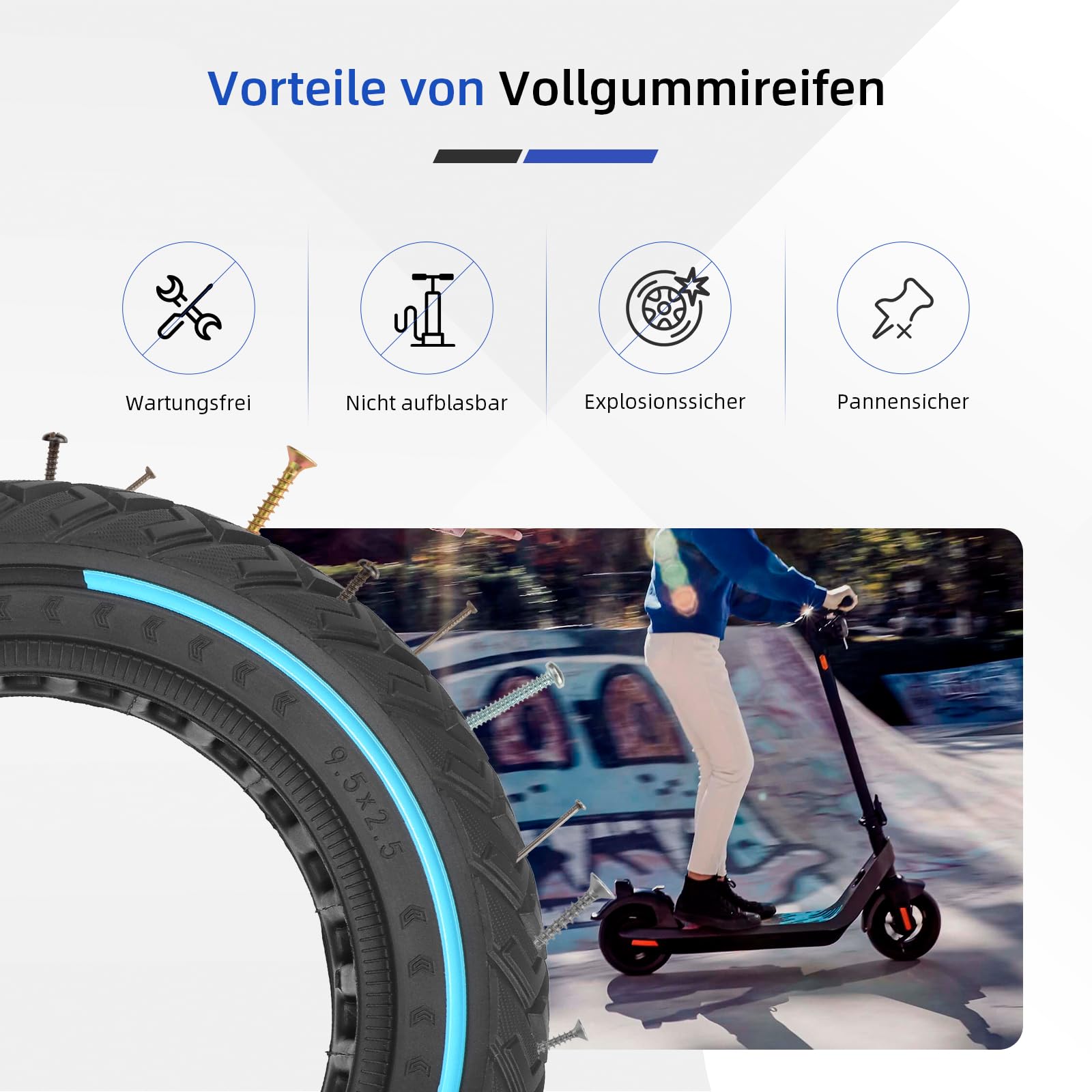 ulip 9,5 x 2,50 Vollgummireifen für Niu KQI3 Max/Pro/Sport Elektroroller 9,5 Zoll Ersatzreifen Ersatzräder für Scooter 2PCS