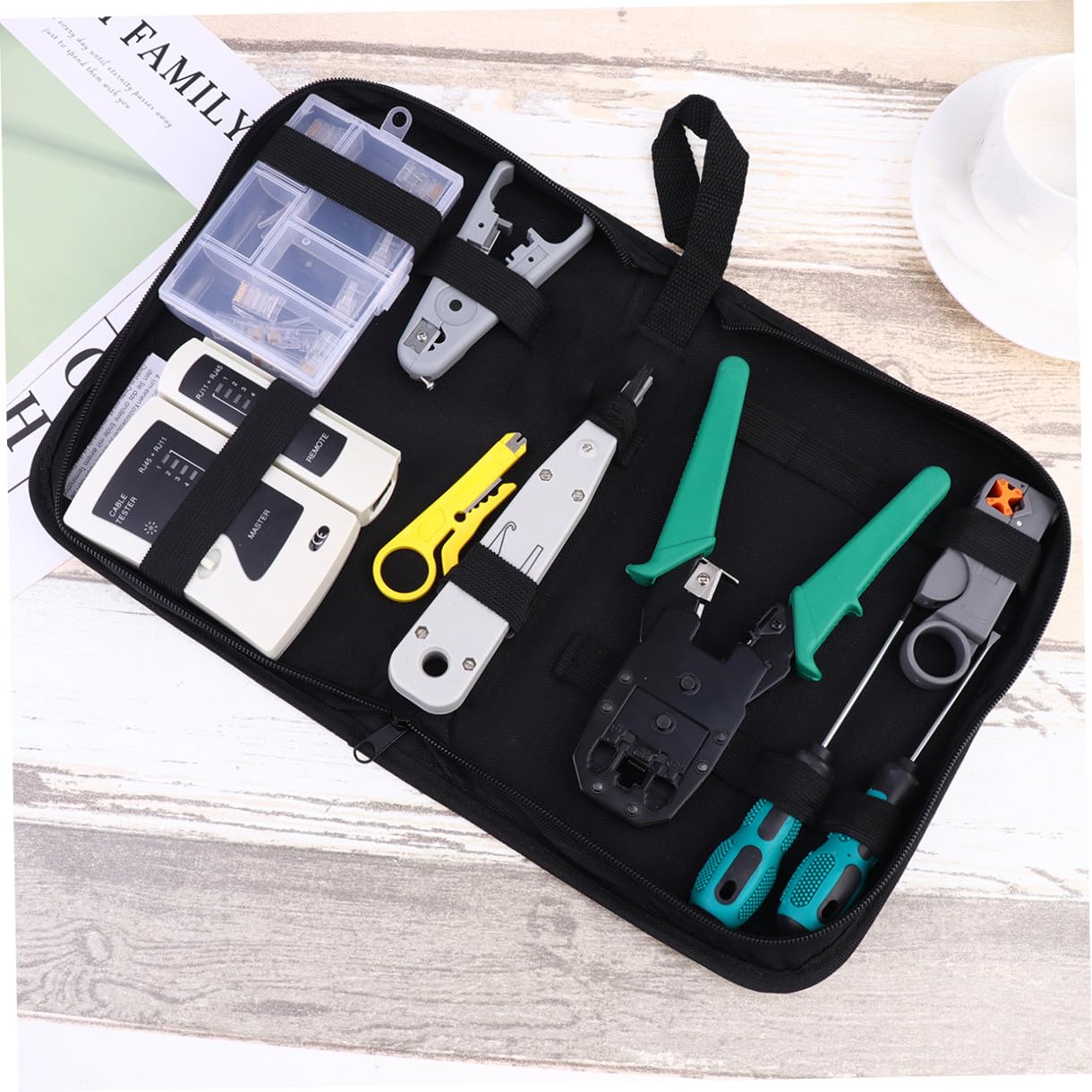 Kit d'Outils Réseau 12-en-1 Noir en PP et Métal pour Test de Câbles | Testeur de Câble Réseau, Format Portable, Paquet à Outils Inclus, sans Pile