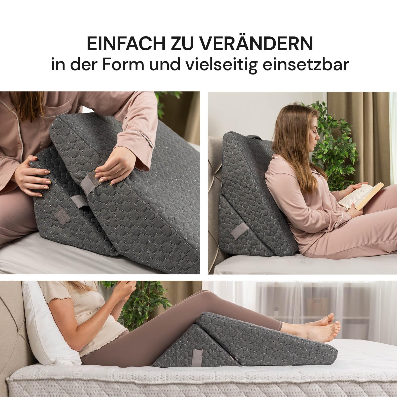 Vitapur Cojín de lectura 3 en 1 - Respaldo ergonómico con brazos ajustables y cojín cervical extraíble - Para cama, sofá y sillón - Funda transpirable - Gris