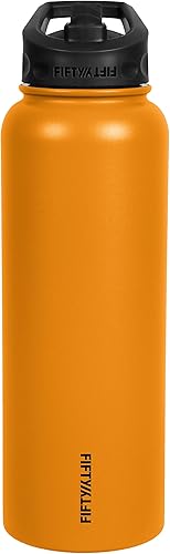 Miniatura 4 de FIFTY-FIFTY 40 onzas, botella de agua deportiva con aislamiento al vacío de doble pared, acero inoxidable, tapa de popote con boca ancha, naranja