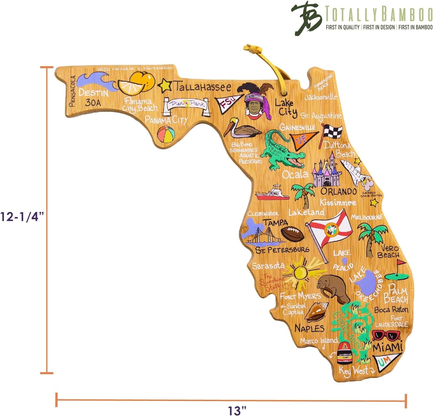 Totally Bamboo Florida State Shaped Cutting Board and Charcuterie Serving Platter with Artwork by Fish Kiss, Includes Hang Tie for Wall Display - Image 7
