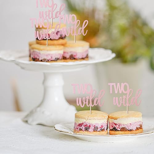 Miniatura 4 de Rsstarxi Paquete de 24 unidades de dos decoraciones de magdalenas salvajes con purpurina rosa para bebé niña niño segundo cumpleaños para celebrar a