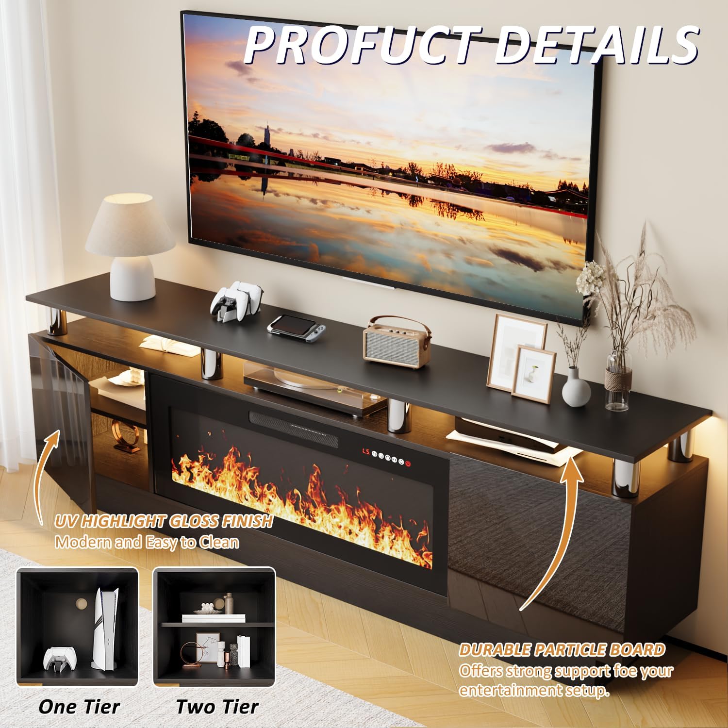Close-up of the TV stand showing UV highlight gloss finish and durable particle board construction.