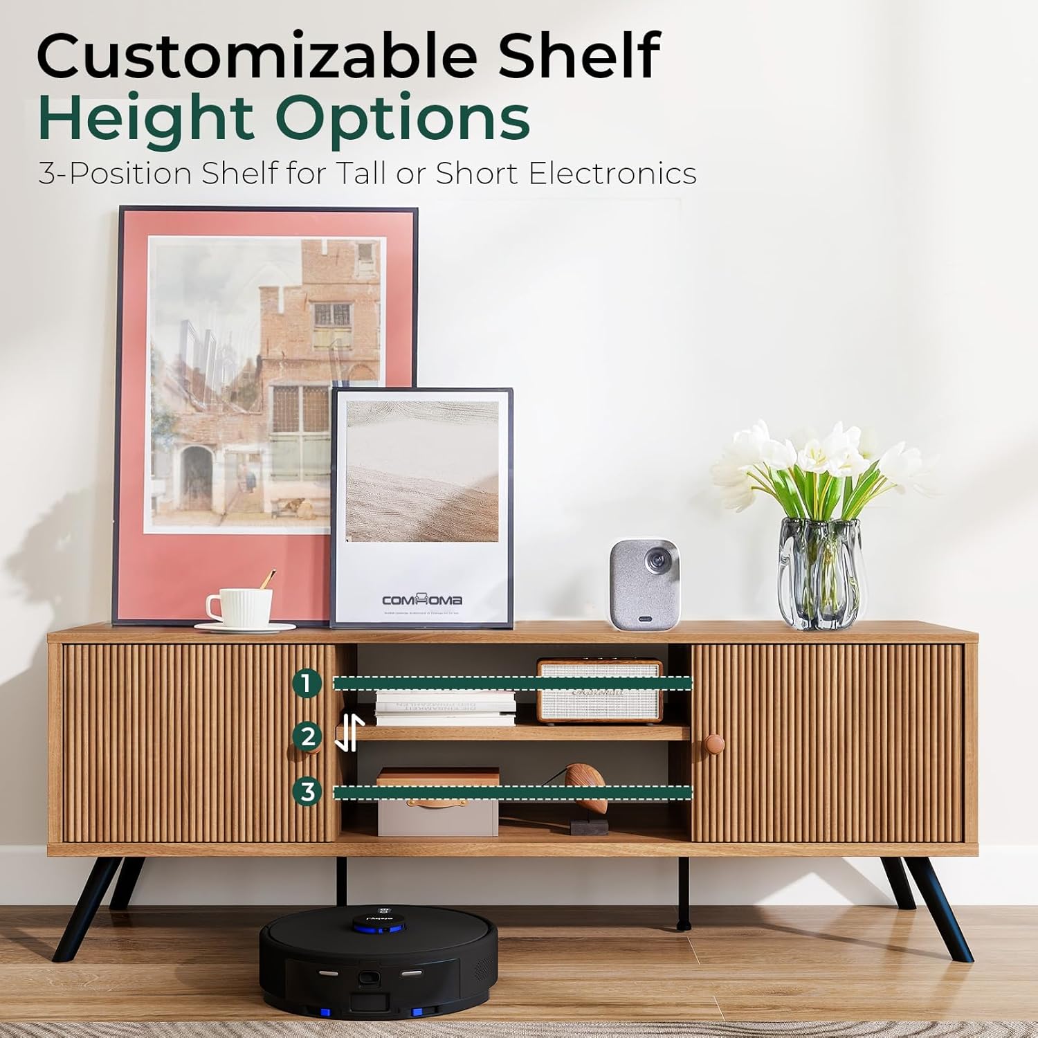 COMHOMA TV Stand for Living Room, Mid Century Modern Entertainment Center for 55/60/65 Inch TVs, Retro Brown TV Console with Fluted Door Cabinets and Open Adjustable Shelve Storage for Bedroom (53In) - Image 4