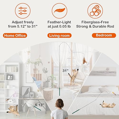 Miniatura 3 de Juguete de varita para gatos, varita retráctil con 4 recambios de juguete de plumas para enriquecimiento de gatos en interiores, juguete interactivo