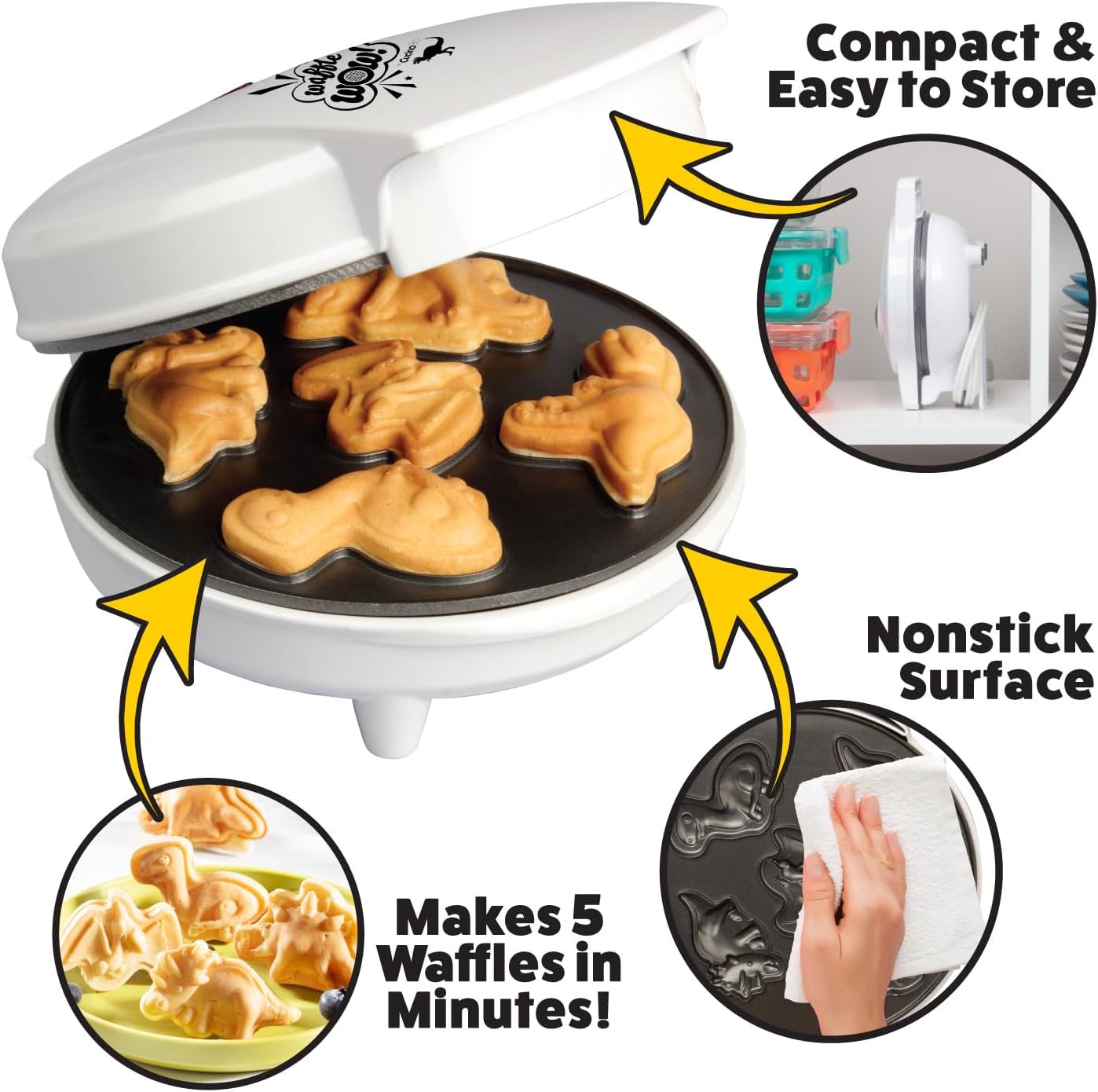 Dinosaur Mini Waffle Maker- 5 Different Double Sided 3D Shaped Dinos in Minutes- Breakfast Fun for Kids Adults w Cool Novelty Pancakes, Electric Baker, NonStick Waffler Iron w Recipe Guide, Xmas Gift