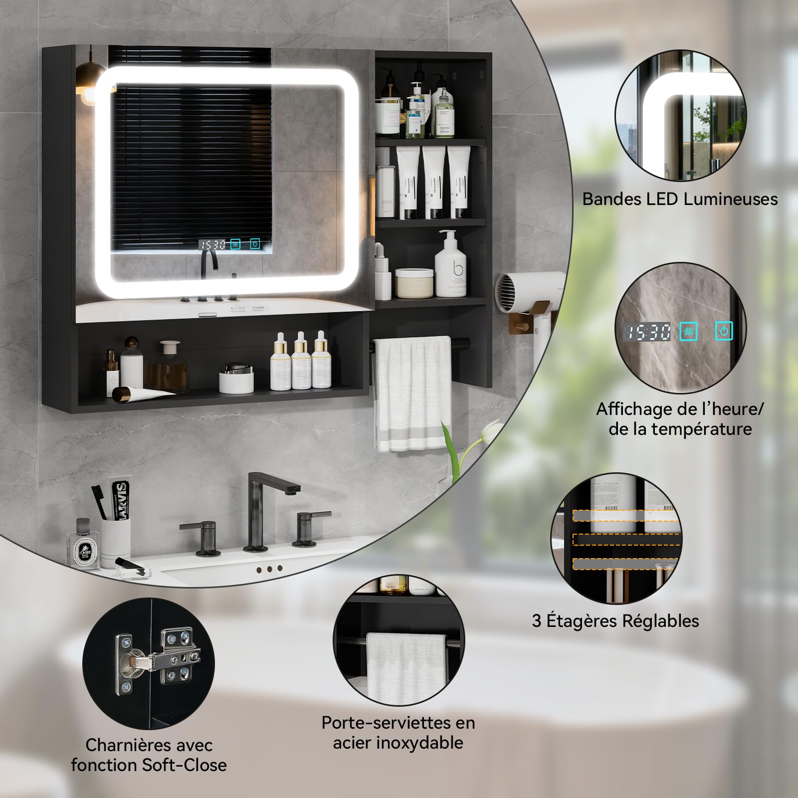 YU YUSING Armoire Salle de Bain avec Miroir LED 80x60cm, Meuble de Toilette Suspendu avec 6 Étagères et Porte-Serviettes, Hauteur Réglable, Anti-Buée, 3 Températures de Lumière Réglables, Noir