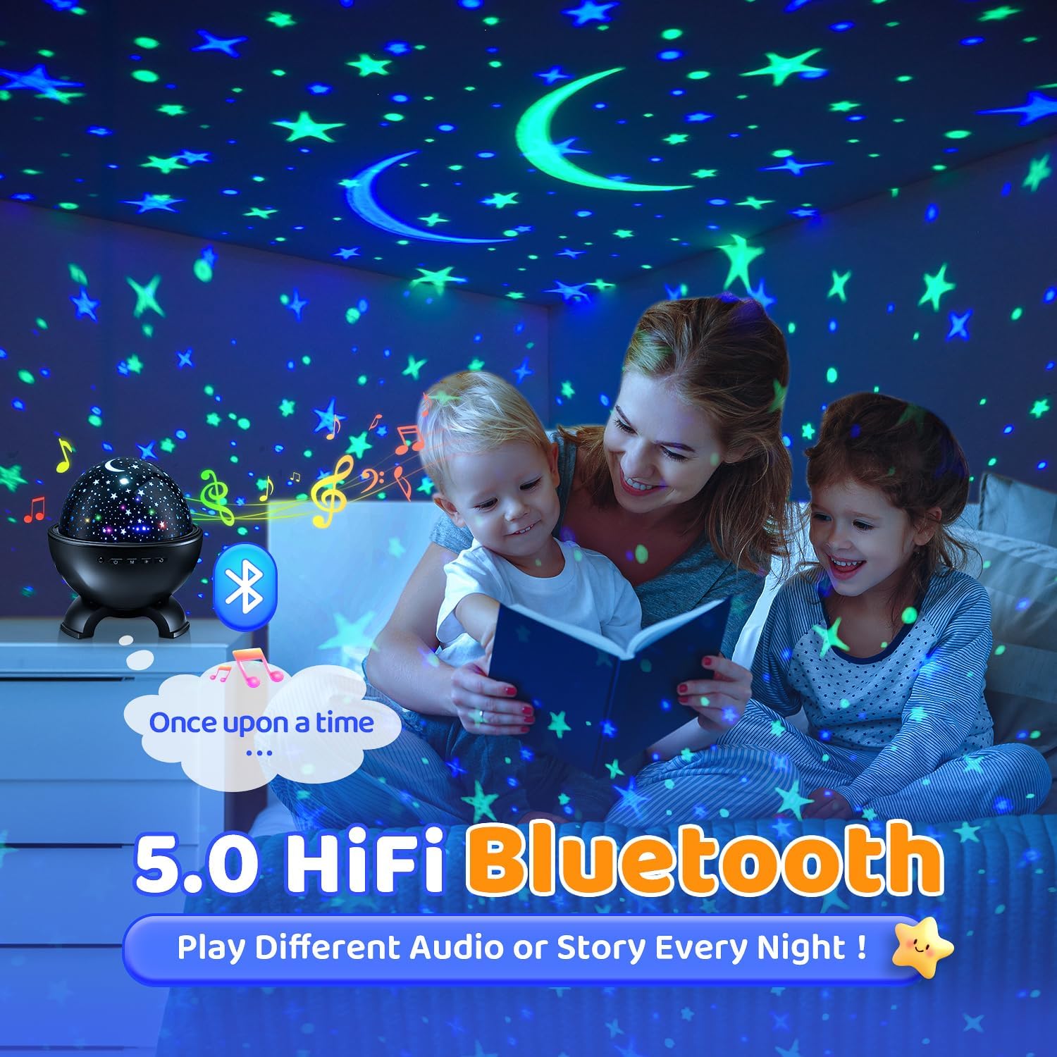 One Fire Kids Night Light Projector with remote control, showing timer and brightness settings.