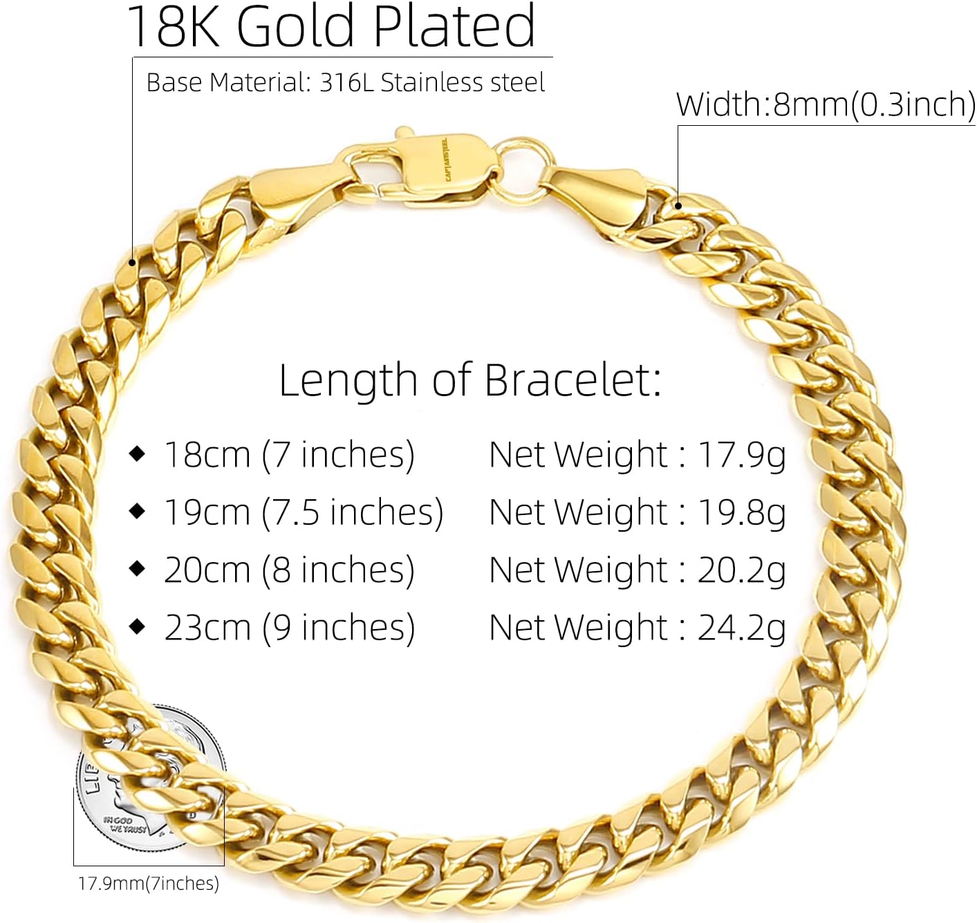 CaptainSteeL Cuban Bracelet for Men and Women, 7/7.5/8/9inch Stainless Steel Bracelet, Gold Plating/Stainless Steel Fashion Jewelry Bracelet, Holiday Gift with Flannel Bag - Image 6