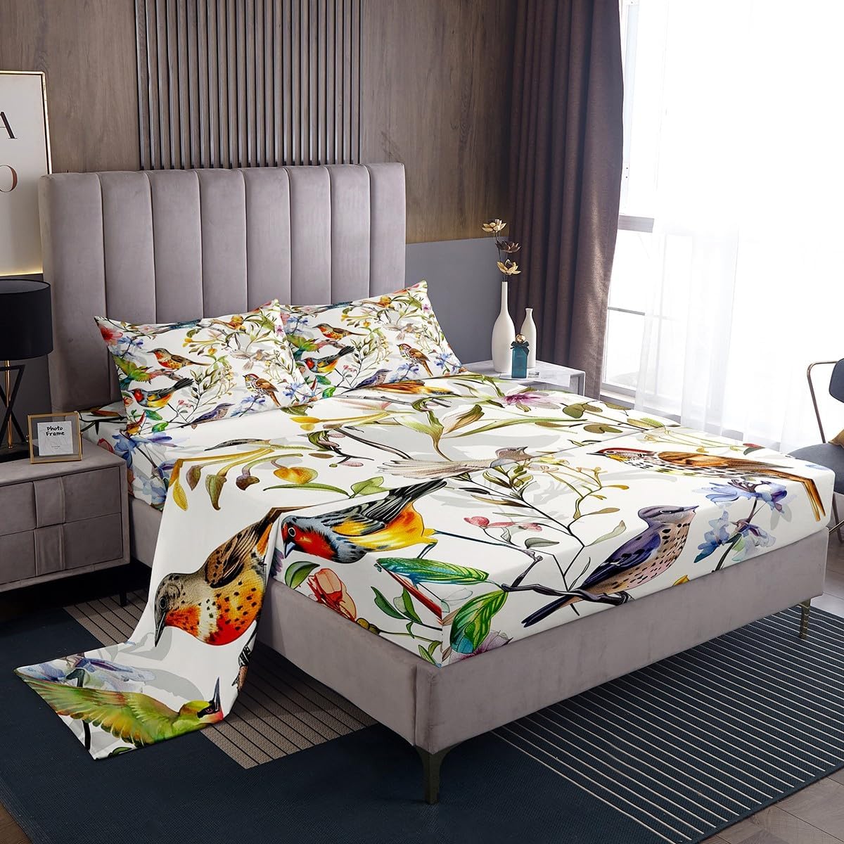 Birds Pattern Bed Sheet Queen Set Spring Flowers Sheets Sets Adults Bedroom Decor Colorful Microfiber Bedding Set with Flat,Fitted Sheet,2 Pillow Cases