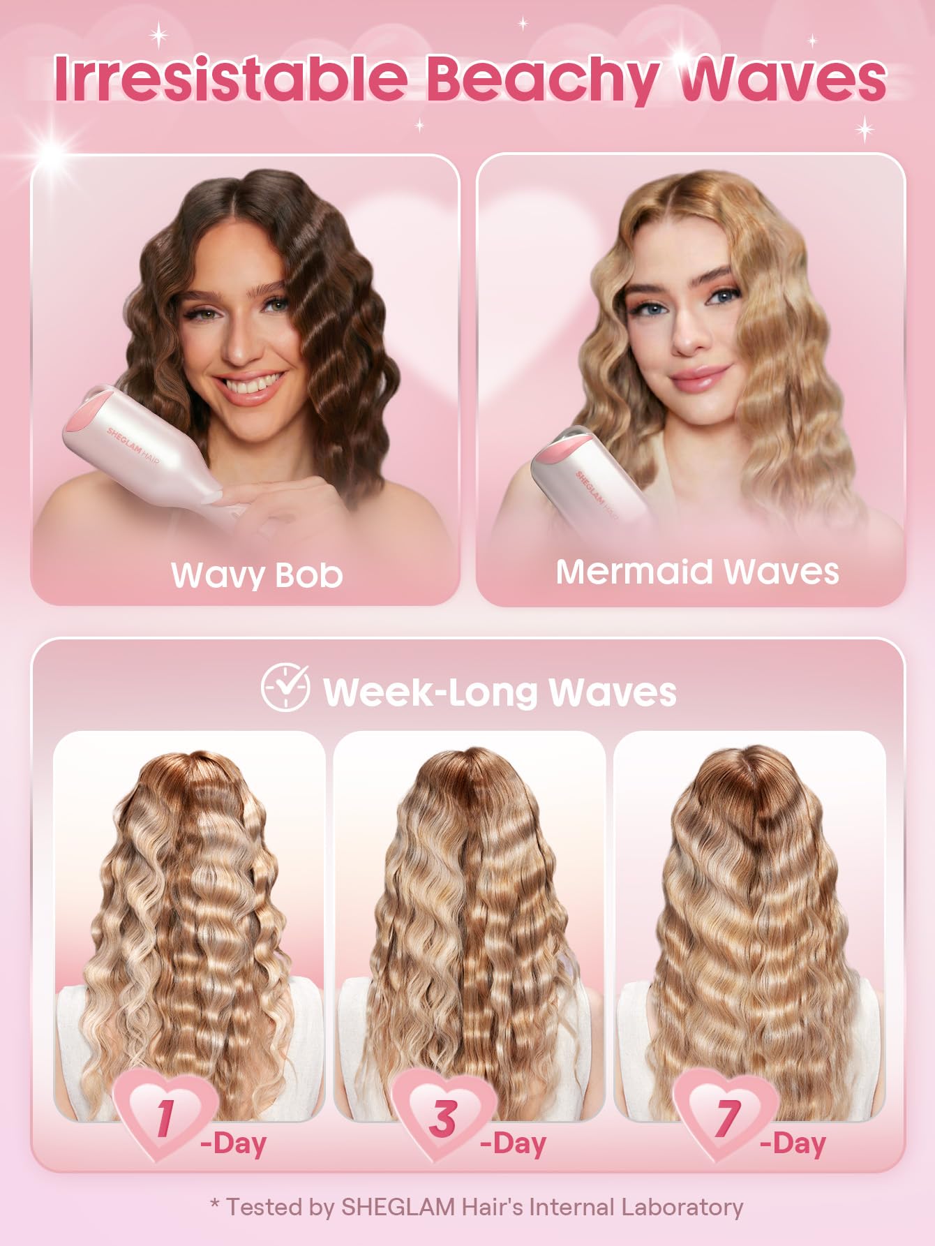 SHEGLAM Rizador Doble Barril Rosa - Ondas Beach Waves, 5 Temperaturas, Anti-Quemaduras, Doble Voltaje (25mm)