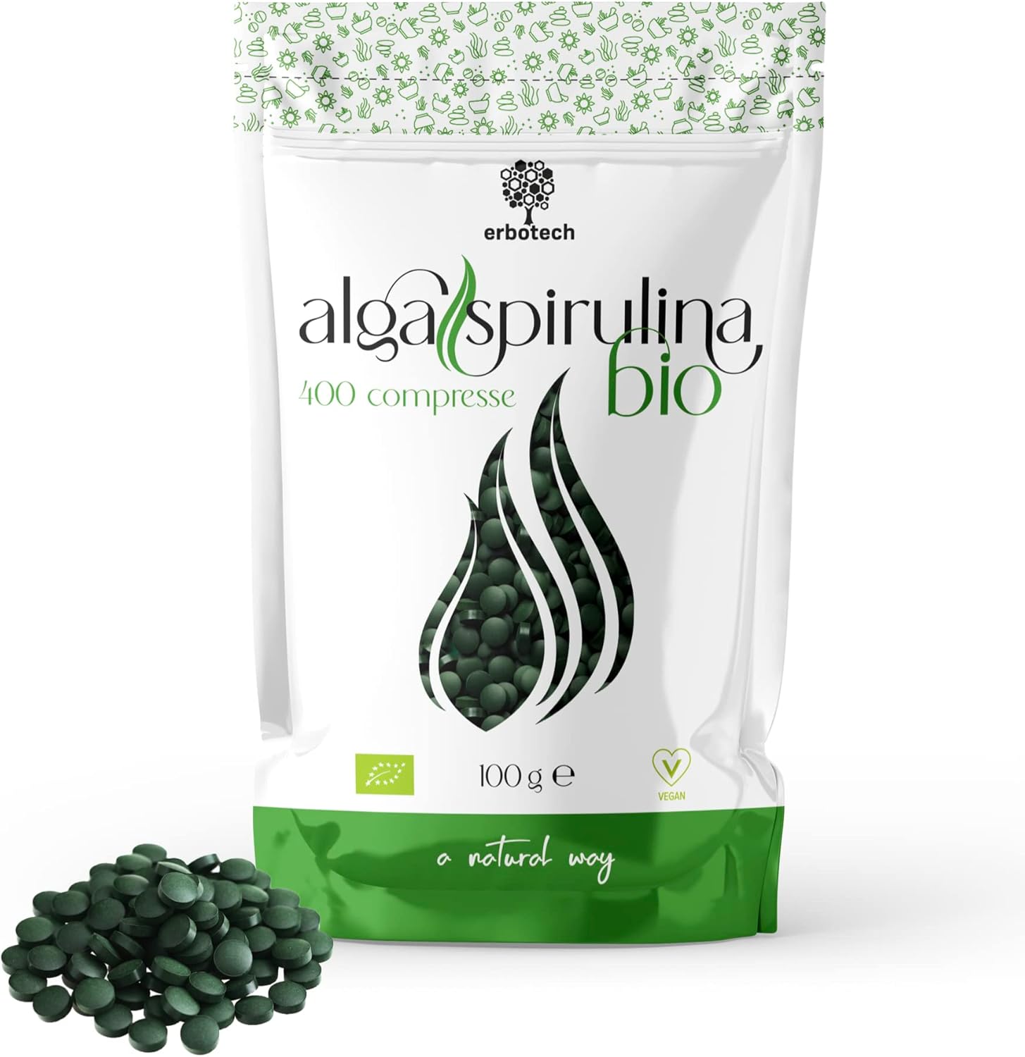 ERBOTECH Spirulina BIO in Tablets, 100g Pack, Approximately 400 Capsules, 100% Organic Algae, Pure and Vegan, Source of Energy, Rich in Proteins, Vitamins, Magnesium