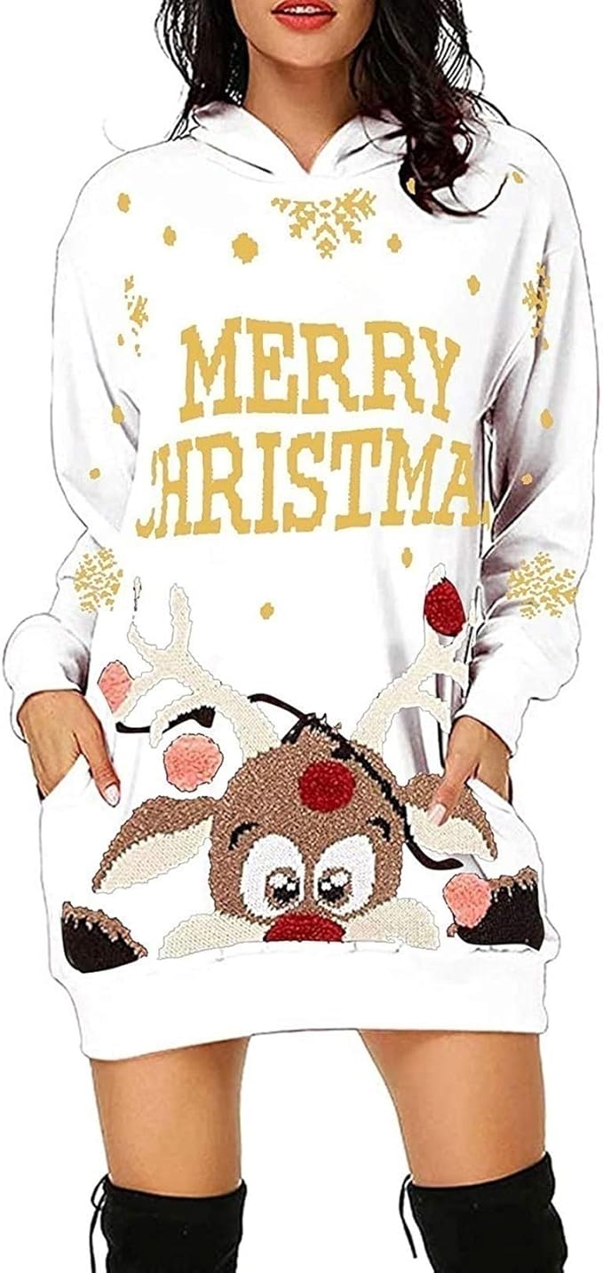 Women Christmas Sweater Dress Hoodie Long Sleeve Sweatshirts Hooded Sweater Tops Mini Sweater