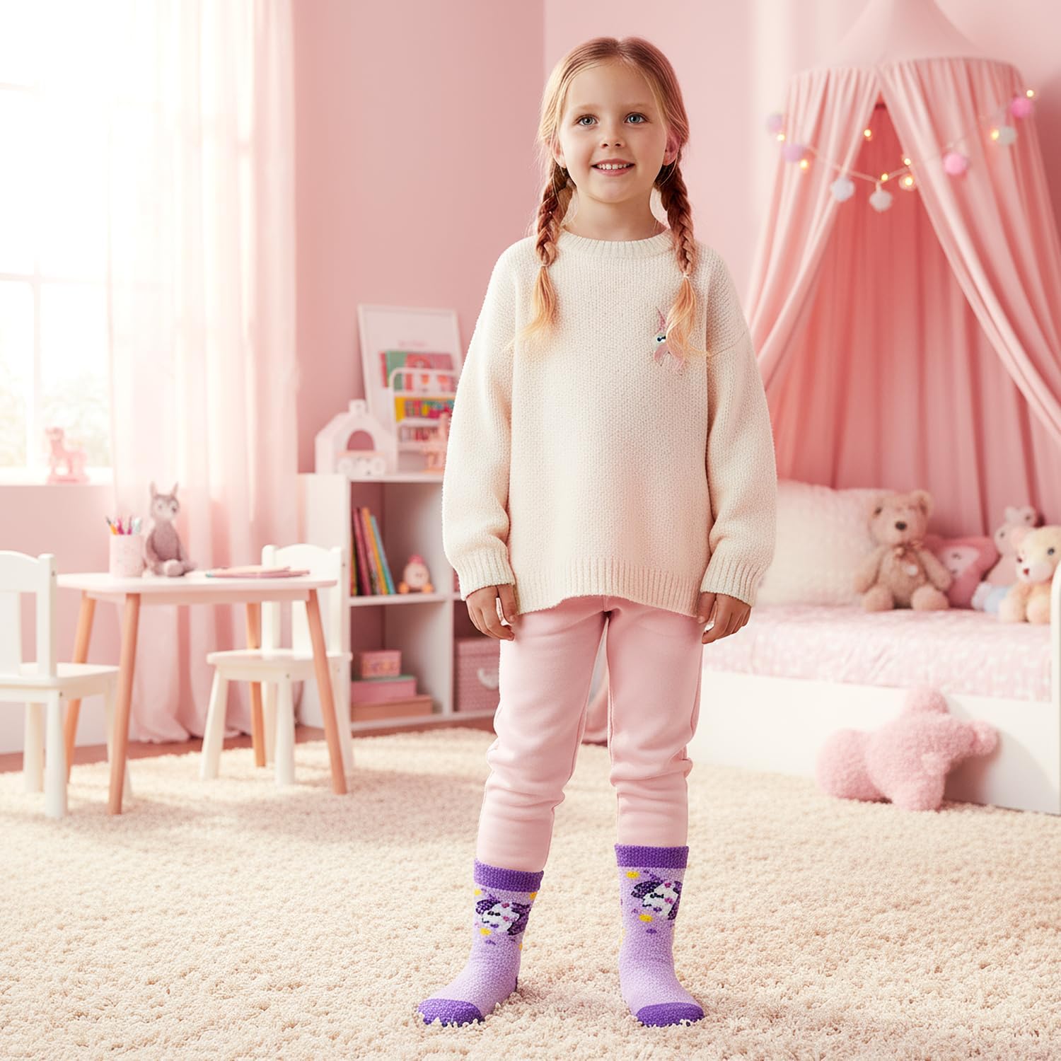 HONGTEYA Girls Kids Fuzzy Socks with Grips Toddler Non Slip Slipper Socks Crew Fluffy Warm Winter Sock 6 Pairs for 4-12 Years - Image 3