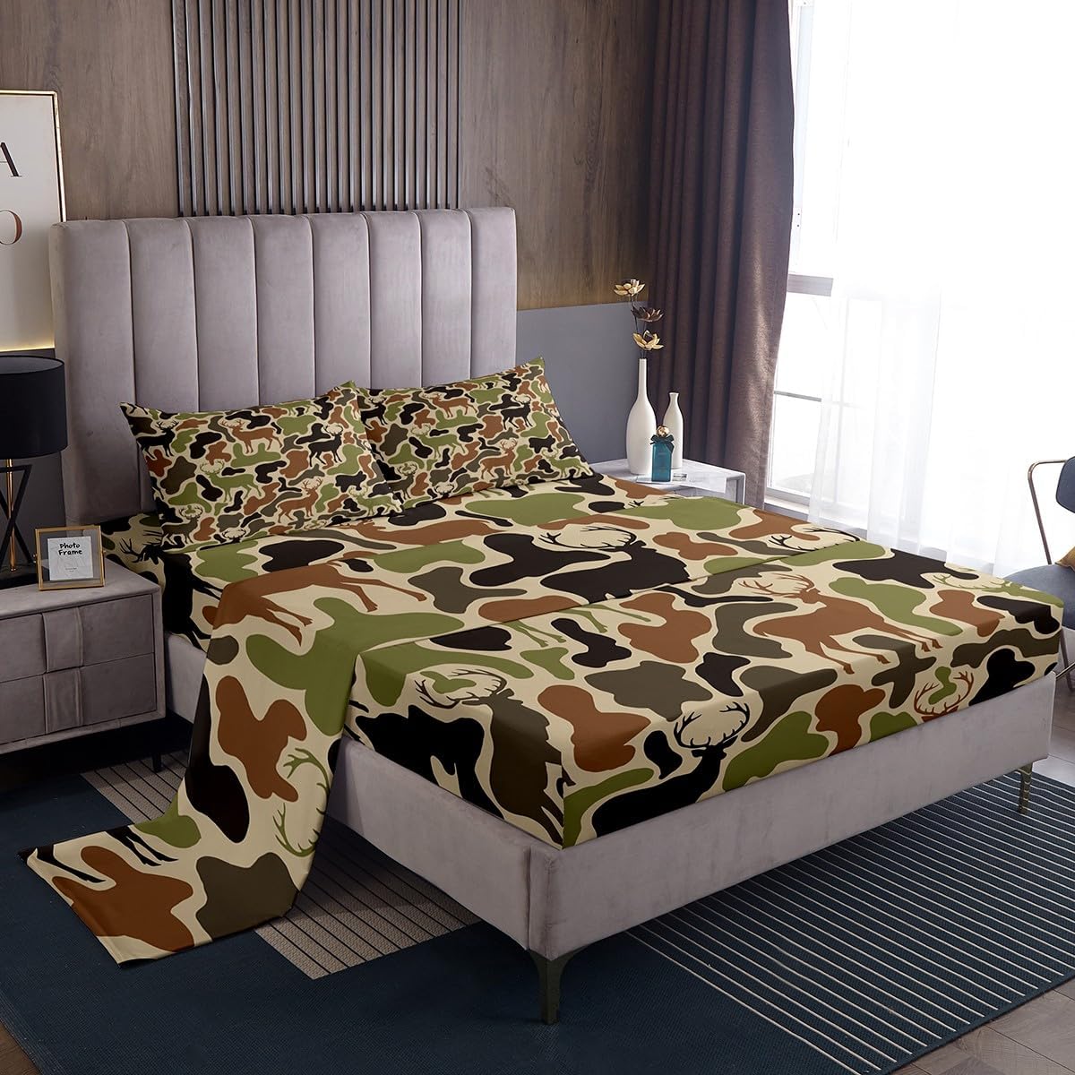 Feelyou Camouflage Bedding Set Queen Size Kids Camo Bed Sheets Set for Boys Girls Teens Military Style Fitted Sheet Breathable Soft Microfiber Army Green Room Decor