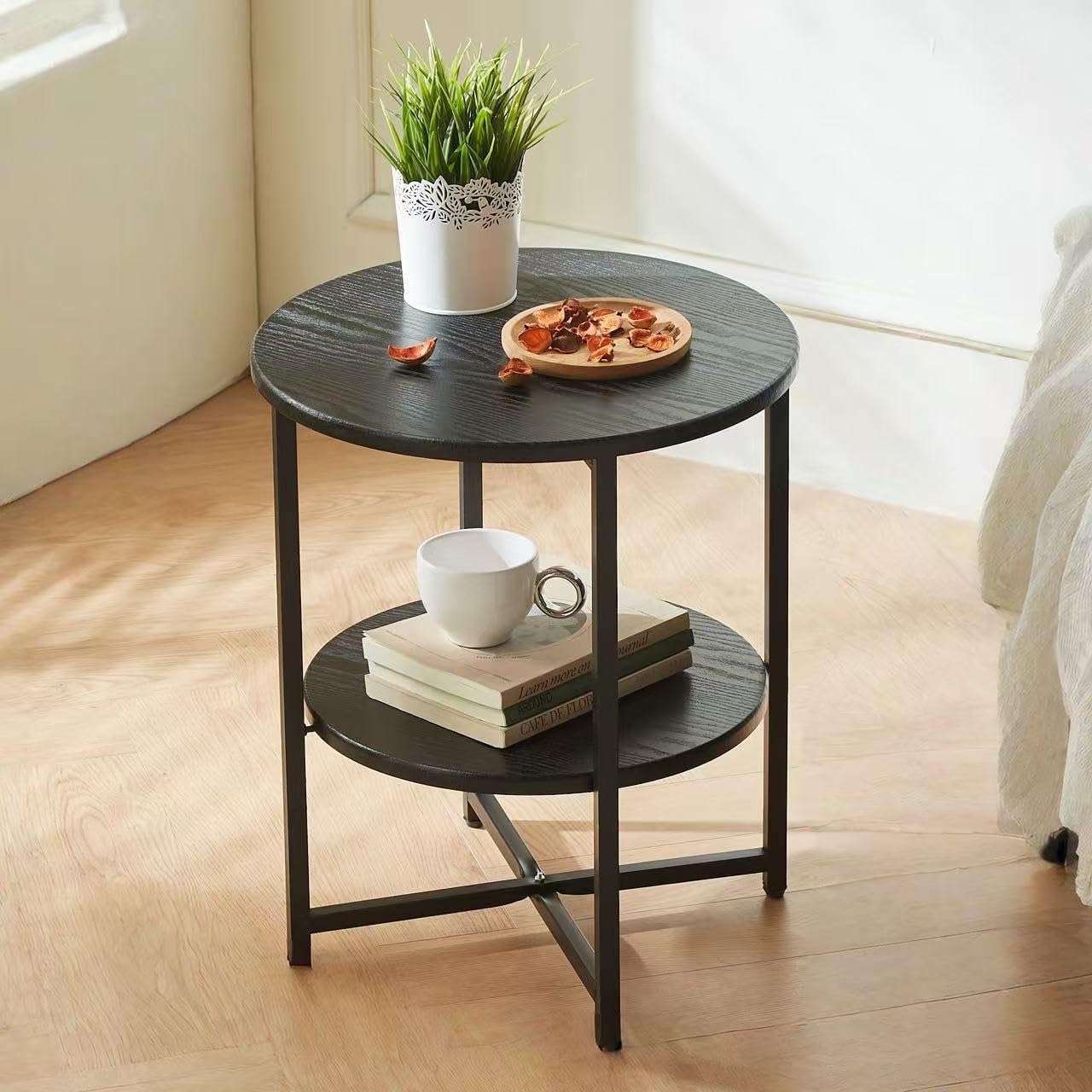 Round Wooden Tray Side Table, Foldable Metal Frame Coffee Table, Snack Tray, Living Room Coffee Table, Suitable for Bedrooms, Studies, Living Rooms and Terraces, 22" W x 22" D x 26" H (Black)