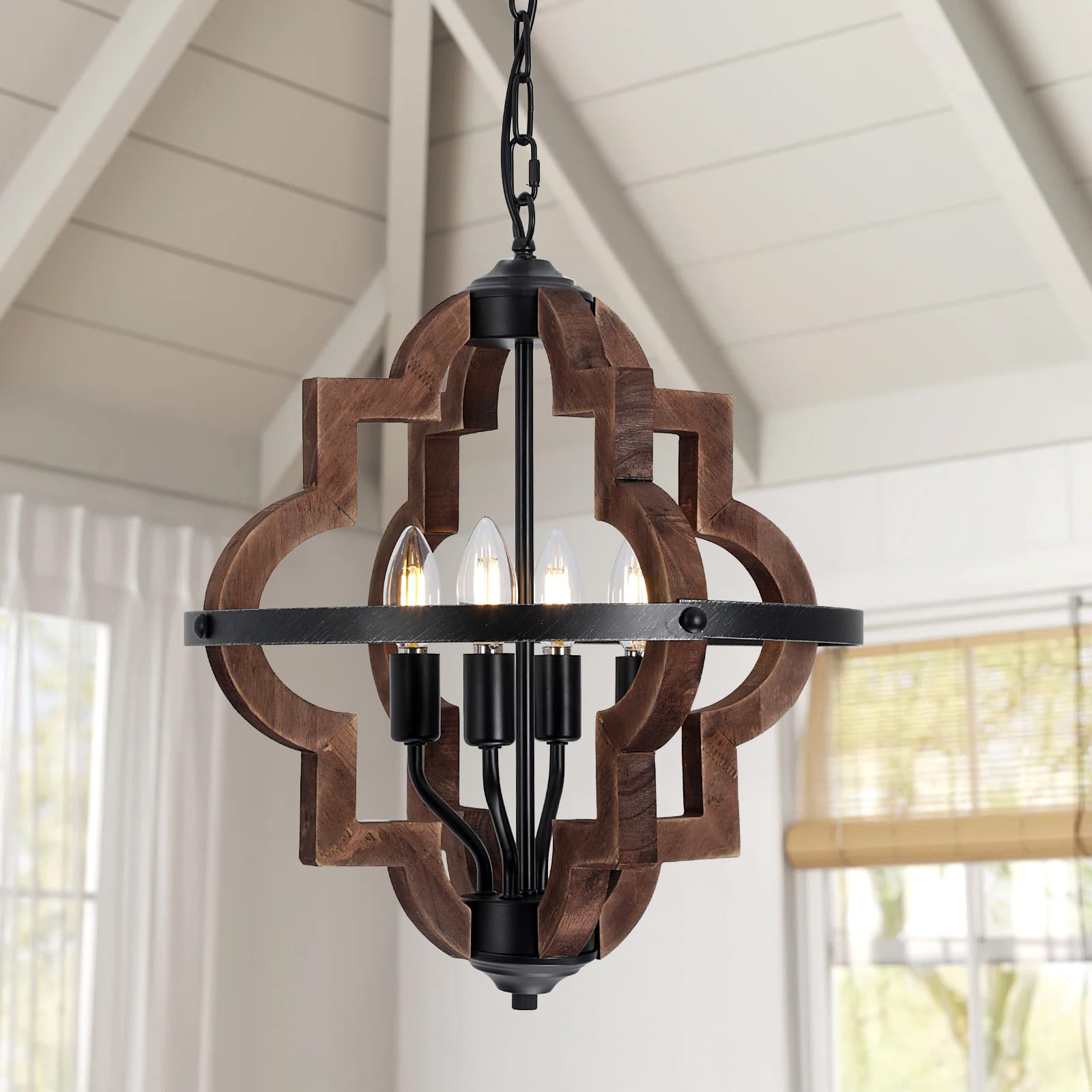 KEESFU 4-Light Rustic Chandeliers for Dining Room, Farmhouse Wood & Black Metal Pendant Light Fixture, Adjustable Height Vintage Ceiling Light for Kitchen Island, Entryway, Bedroom