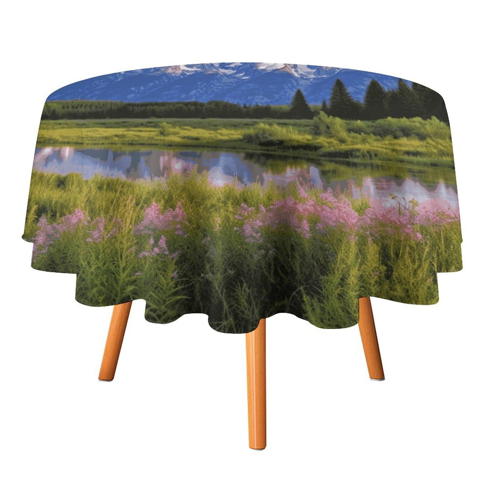 Fekiloot Style Grand Teton National Park Round Tablecloth - Heavy Duty And Washable,Polyester Decorative Fabric Table Cover,Tablecloths For Kitchen Dining, Wedding, Birthday Party60x60in