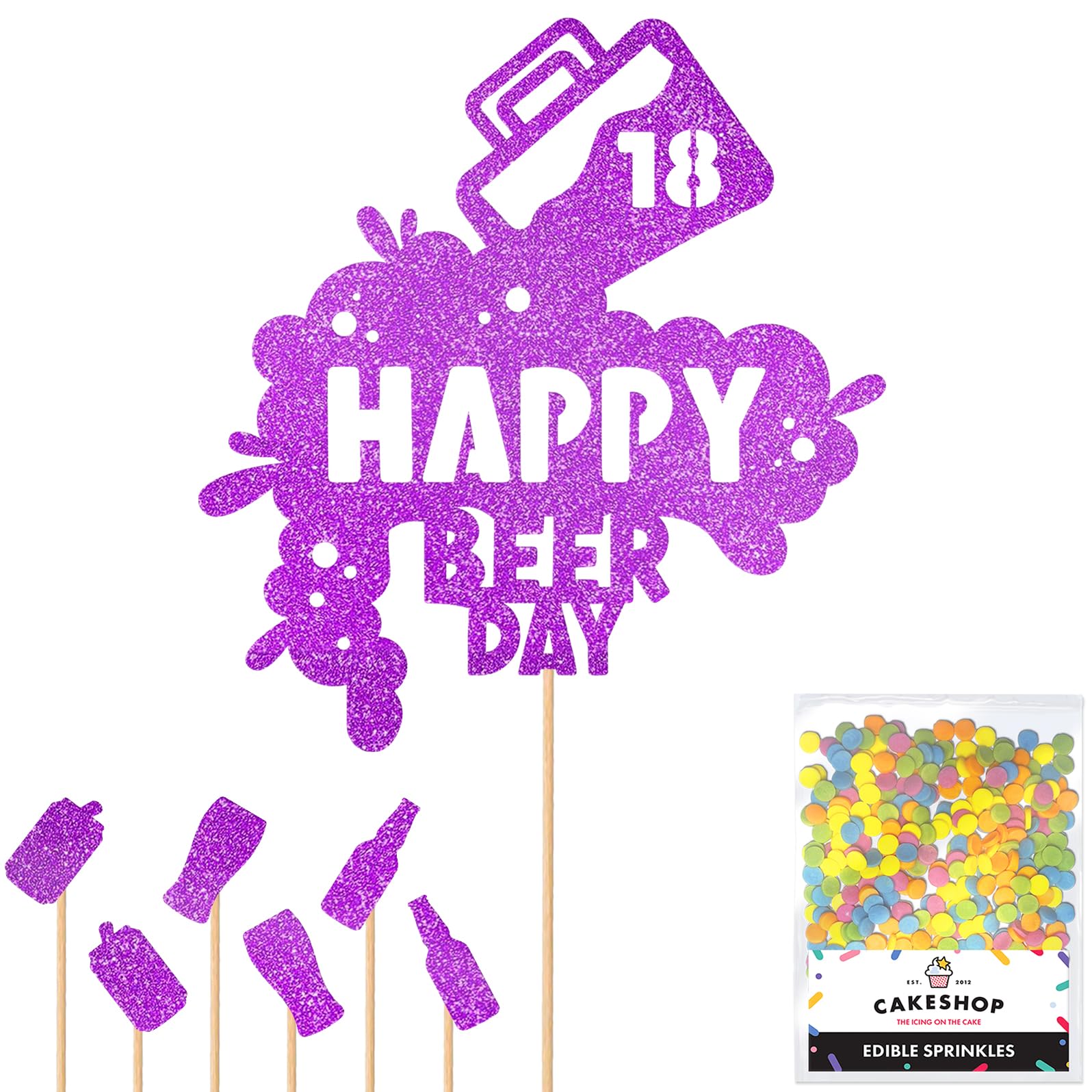 Personalised Happy Beer Day Glitter Cake Topper - Purple Custom Age Glitter Cake Decoration and Sprinkles - Happy Birthday Decorations - Personalised Toppers for Cakes by Cakeshop โ image 1