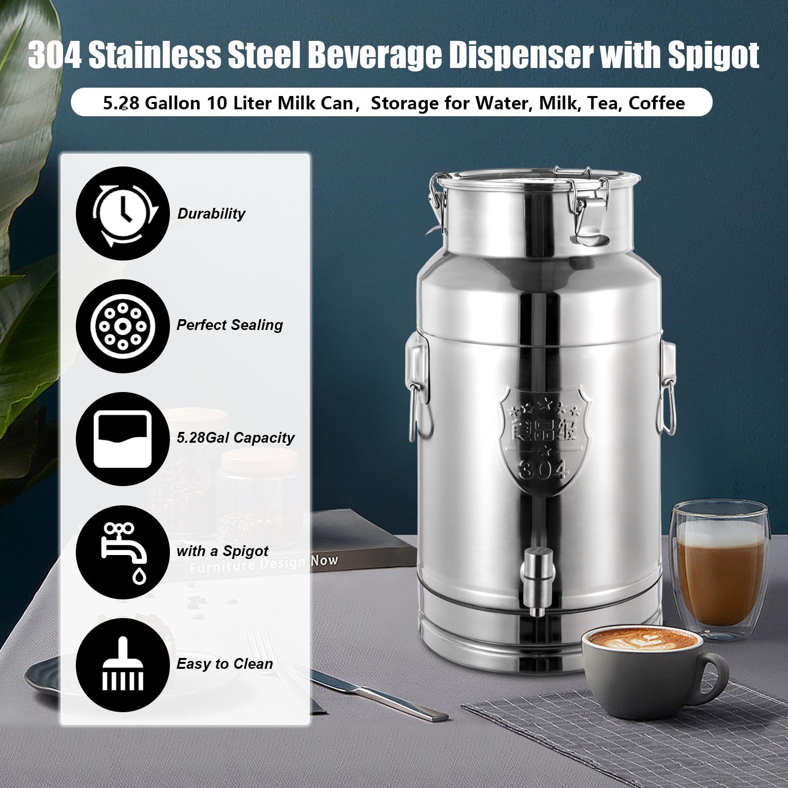 Stainless Steel Beverage Dispenser - Stylish 5.28 Gallon Milk Can with Sealed Lid for Beverages and Storage